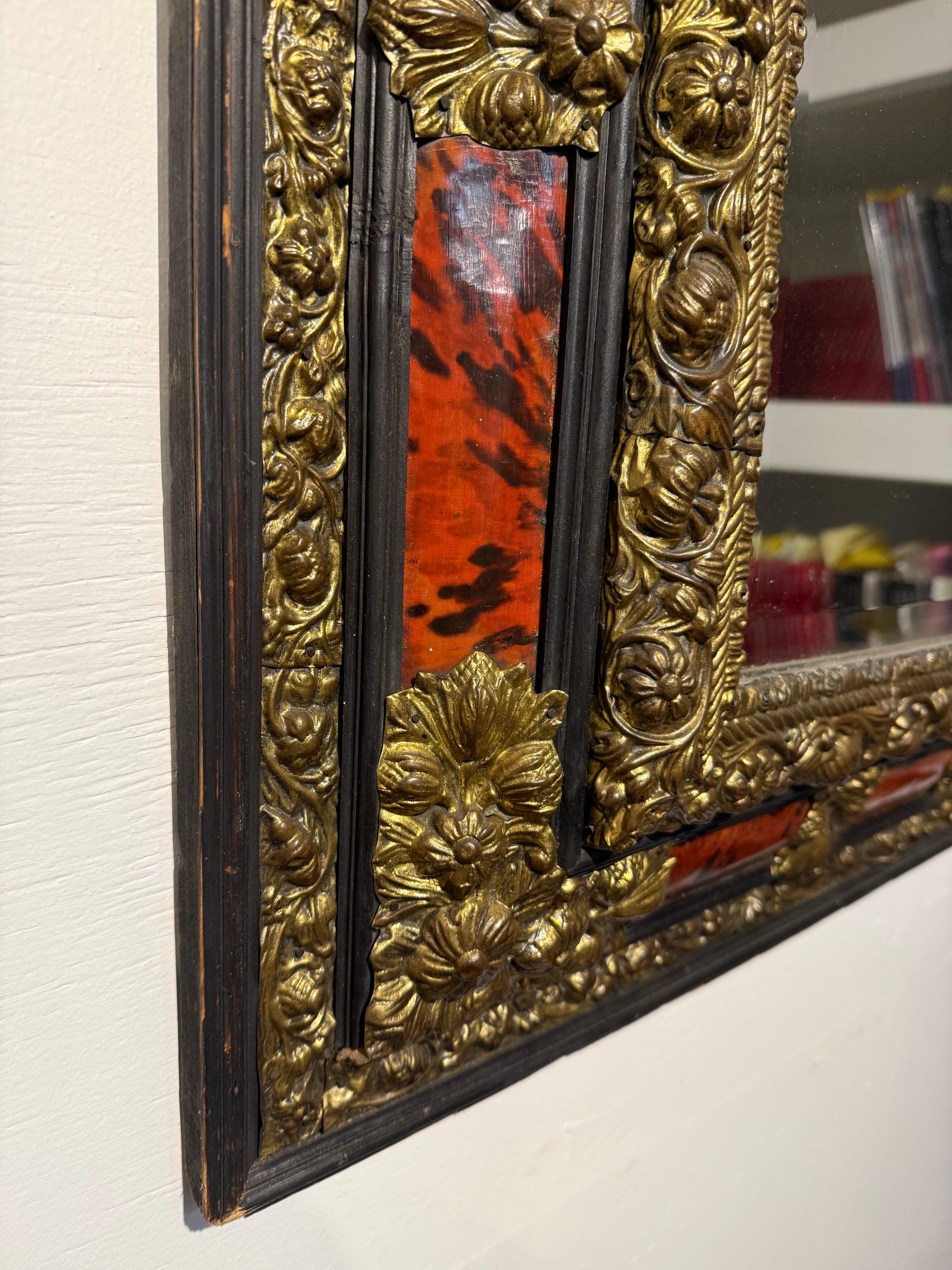 A Flemish Faux Tortoiseshell and Repousse Mirror, 19th Century For Sale 4