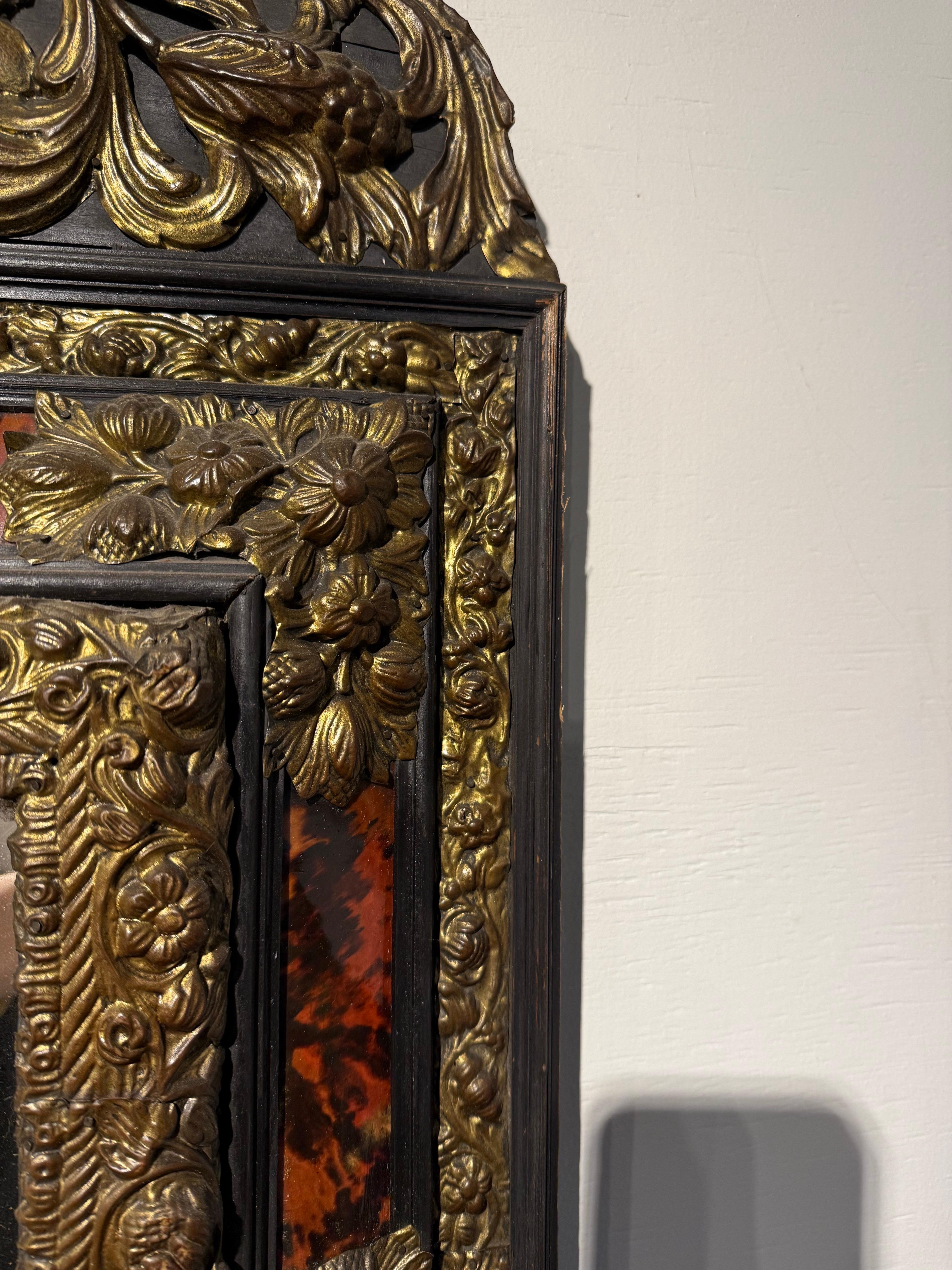 Hand-Crafted A Flemish Faux Tortoiseshell and Repousse Mirror, 19th Century For Sale