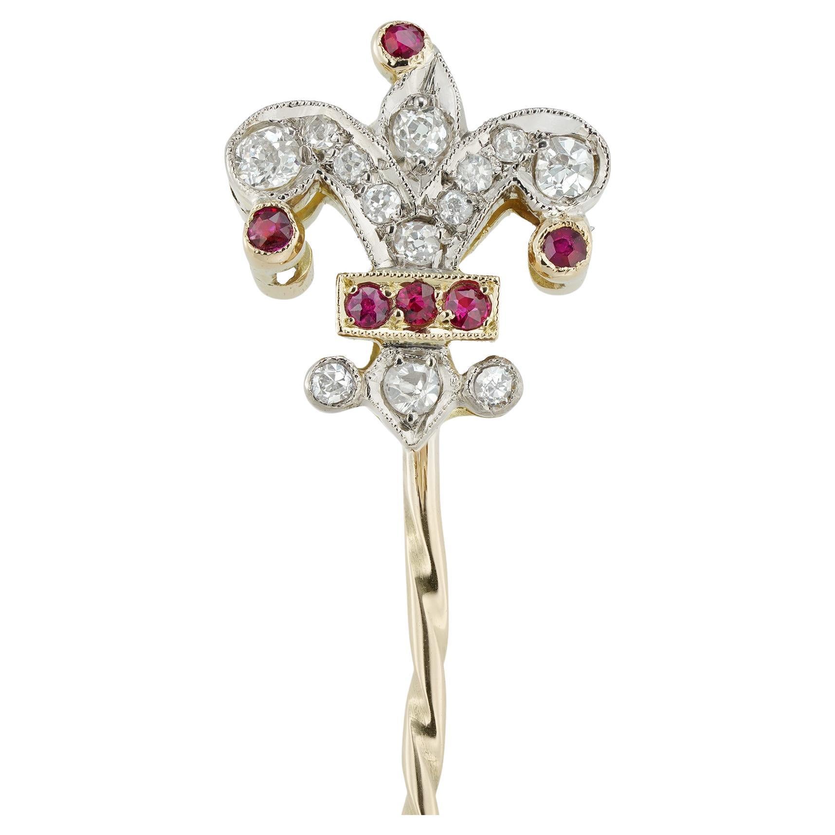 A Fleur-de-lis Ruby And Diamond Stick-pin