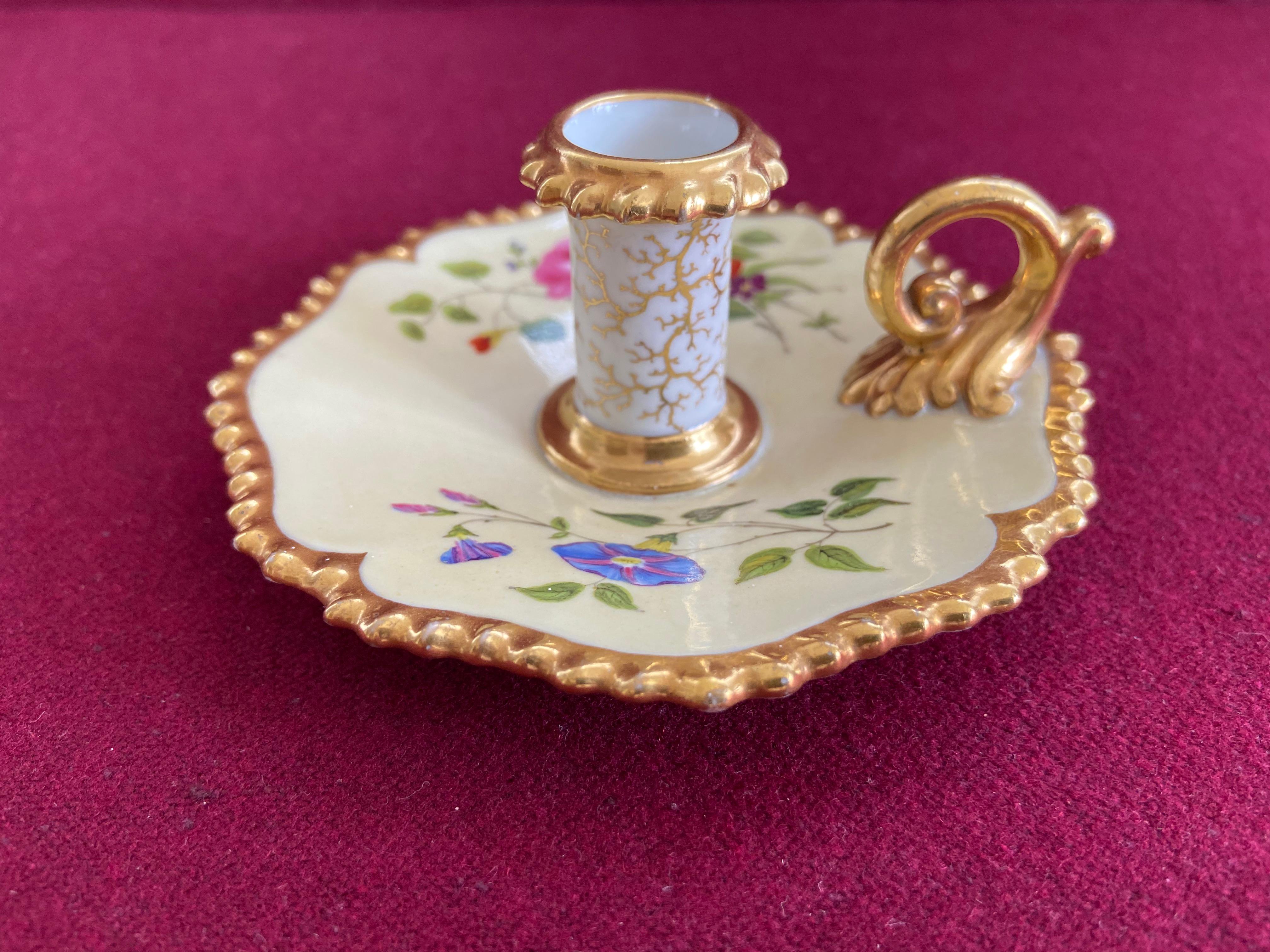 A small Flight Barr and Barr Worcester chamberstick c.1820-30. Decorated with finely painted flowers on a pale yellow ground. Printed mark in crimson to the base 'Royal porcelain Works, Flight Barr & Barr Worcester & Coventry St. London'.

The