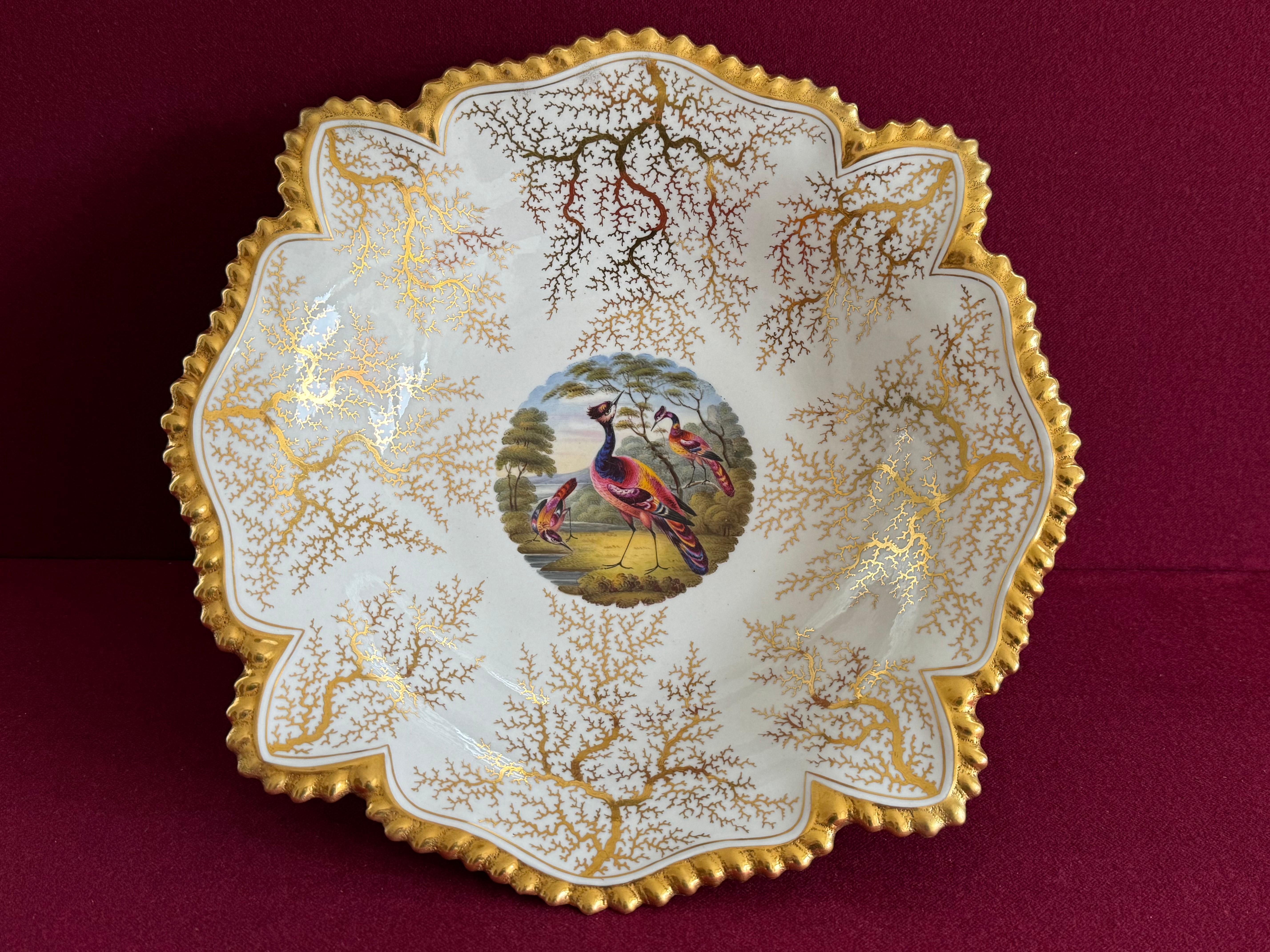 A Flight, Barr & Barr Worcester porcelain dessert comport c.1820. With gilt gadrooned rim and gilt seaweed background. The central circular well painted with a vignette in bright enamels with an exotic bird against a river landscape, in the manner