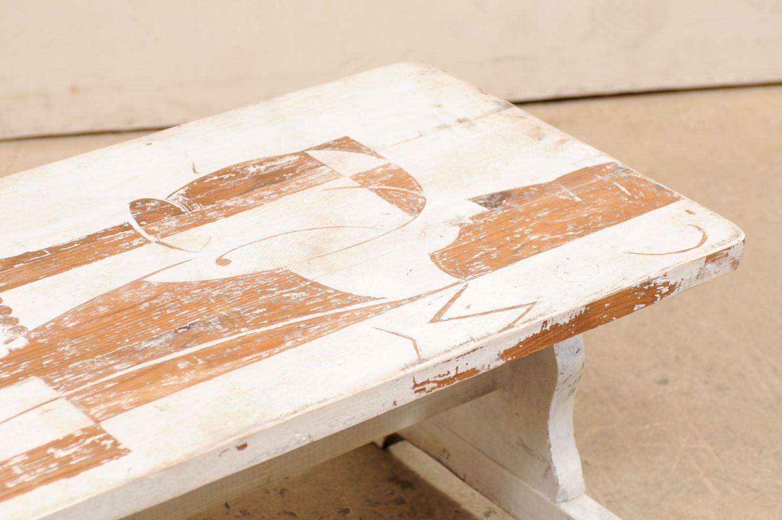 European Rustic Chic Art Deco Style Painted Coffee Table with Flapper Figures For Sale