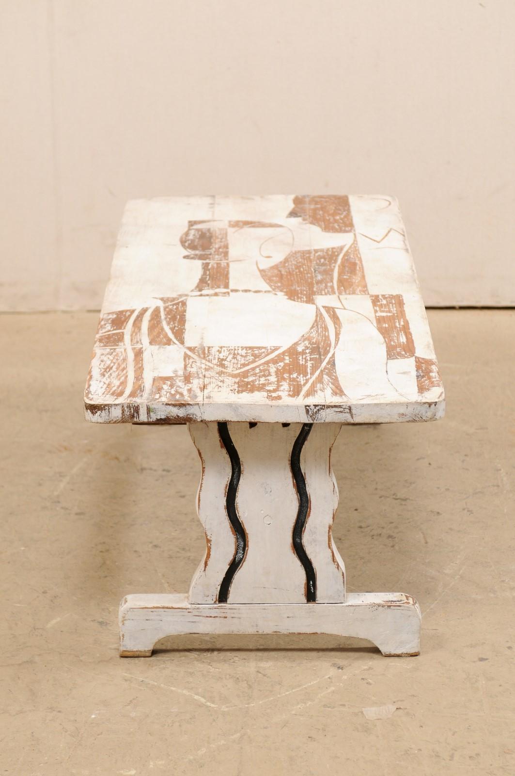 Rustic Chic Art Deco Style Painted Coffee Table with Flapper Figures In Good Condition For Sale In Atlanta, GA