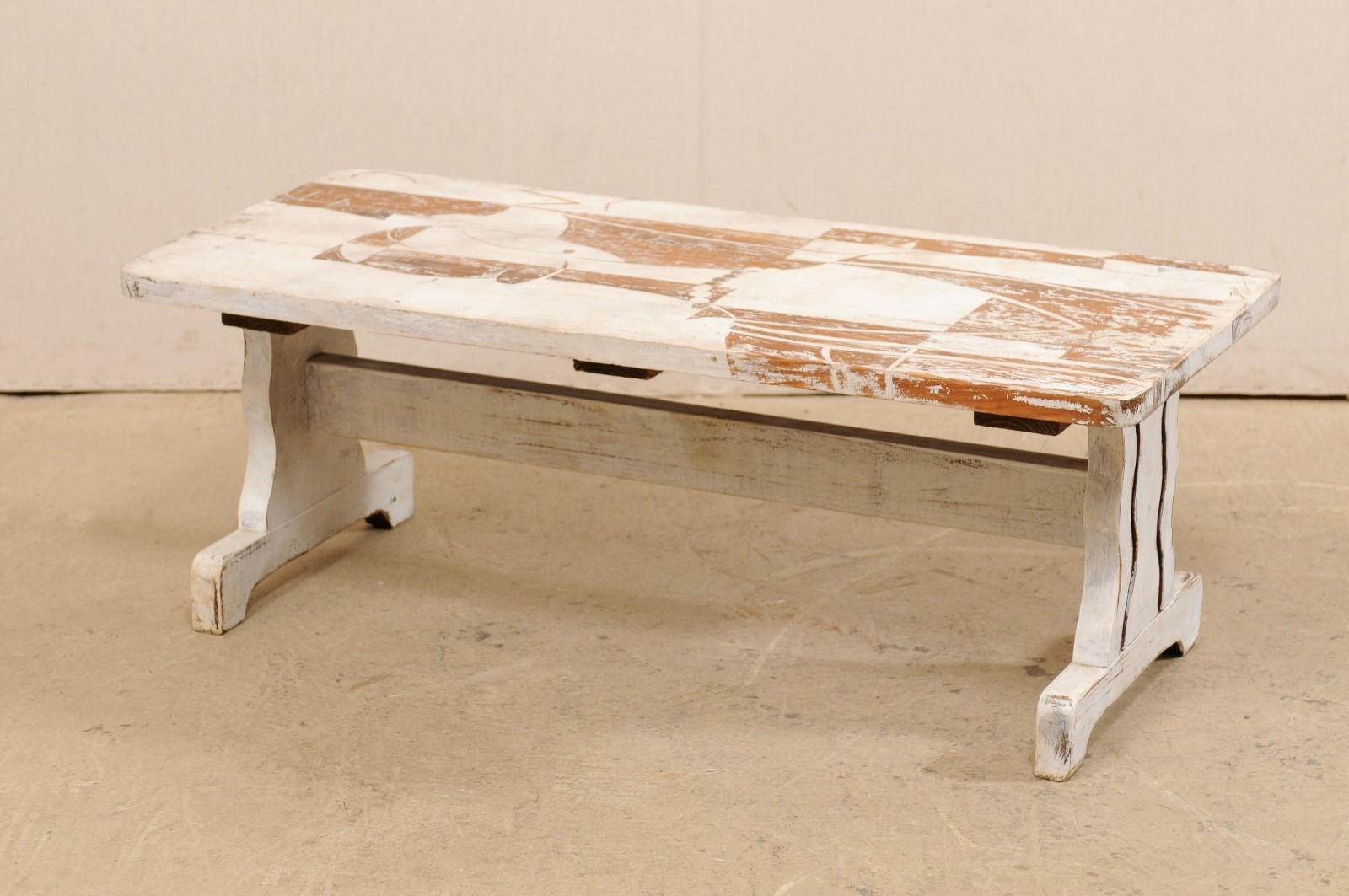 Wood Rustic Chic Art Deco Style Painted Coffee Table with Flapper Figures For Sale