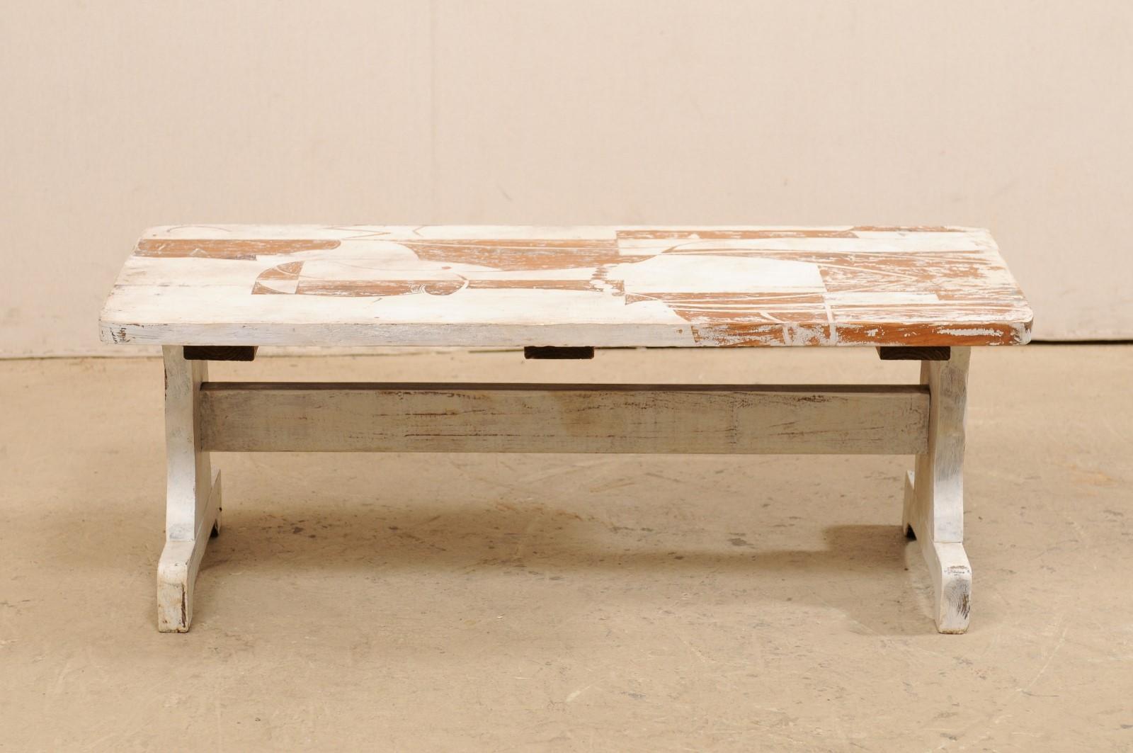 Rustic Chic Art Deco Style Painted Coffee Table with Flapper Figures For Sale 1