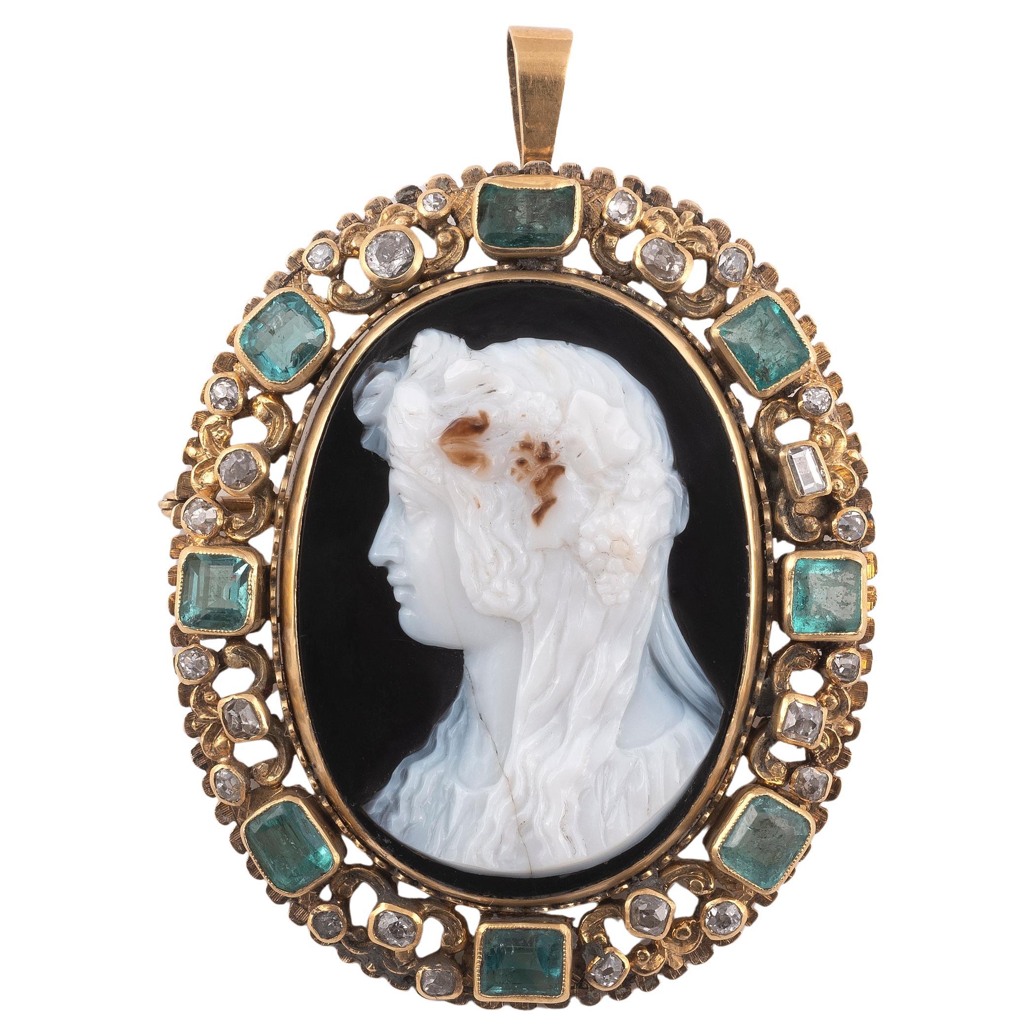 Emerald Cut A Flora Cameo Emerald Diamond And Yellow Gold Brooch-Pendant