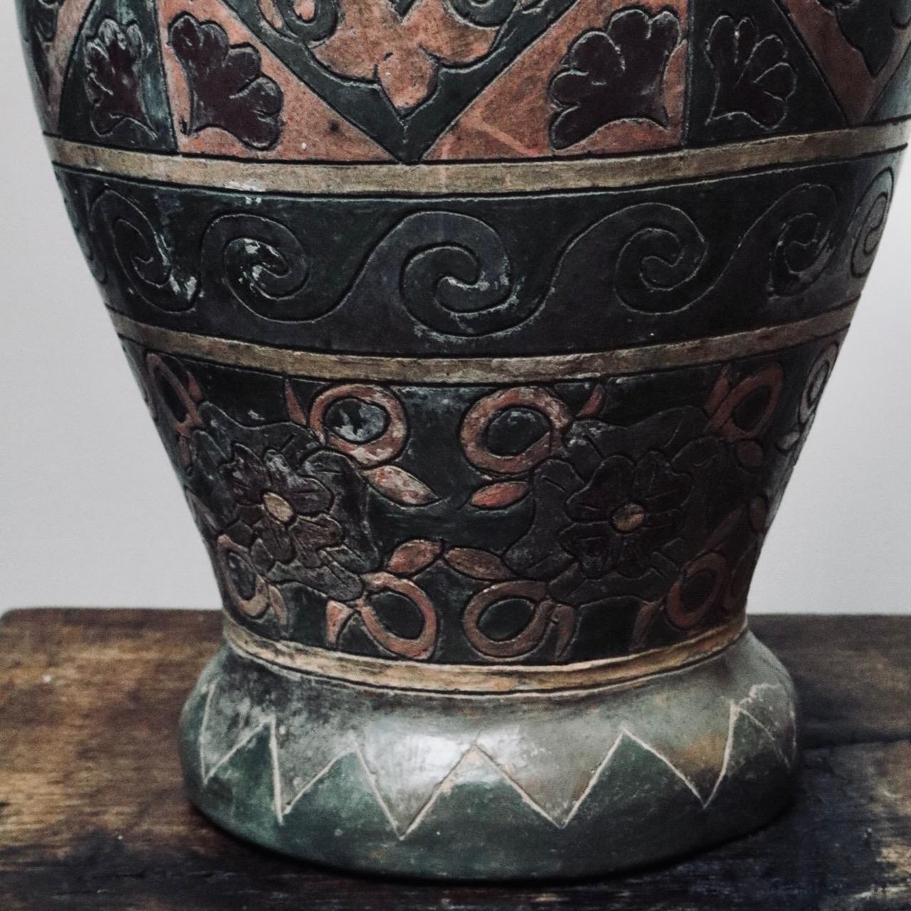 Mexican Floral Decorative Terra-Cotta Vessel from Mexico