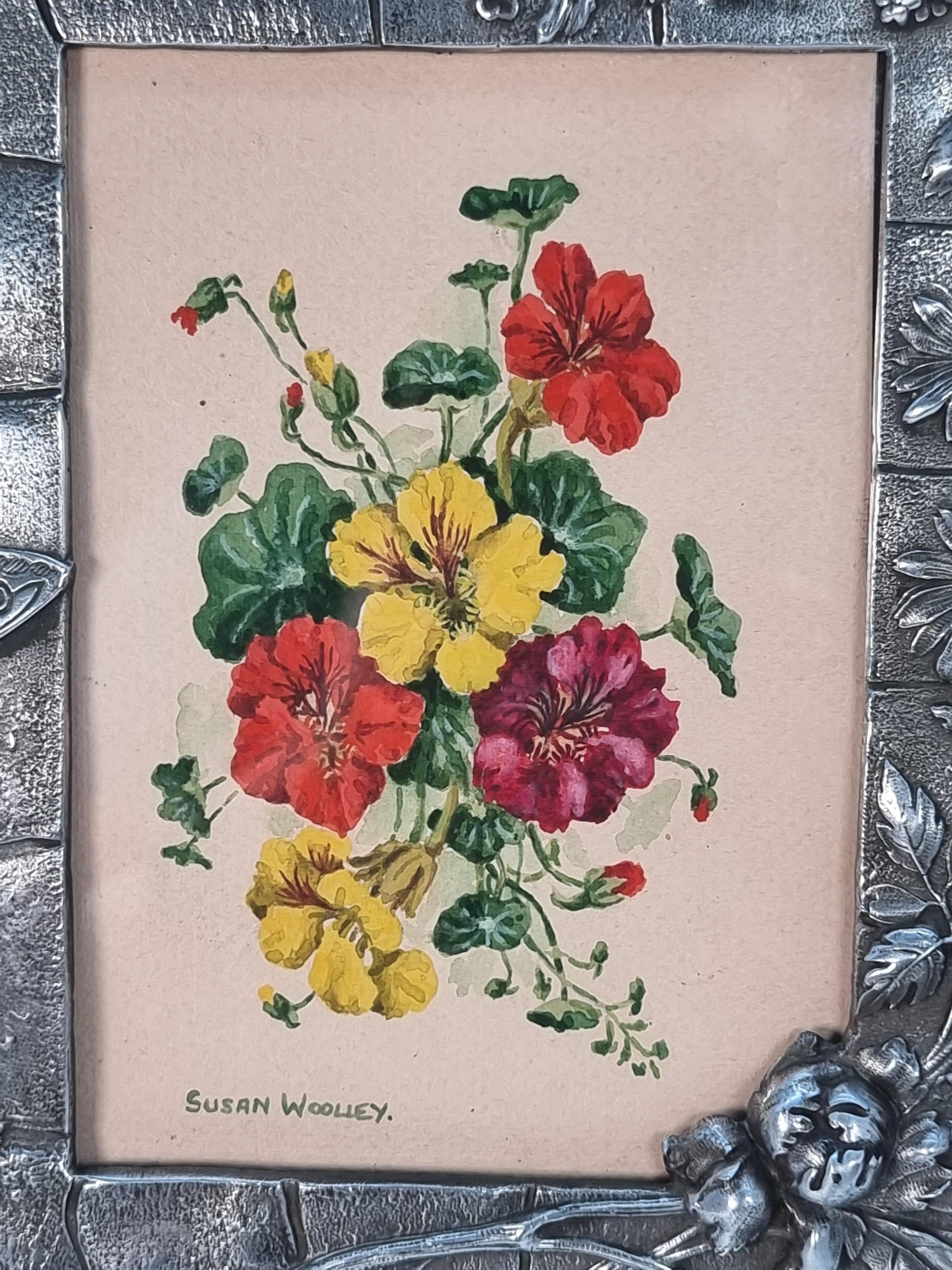 A floral watercolour and decorative pewter frame, c 1890 For Sale 2