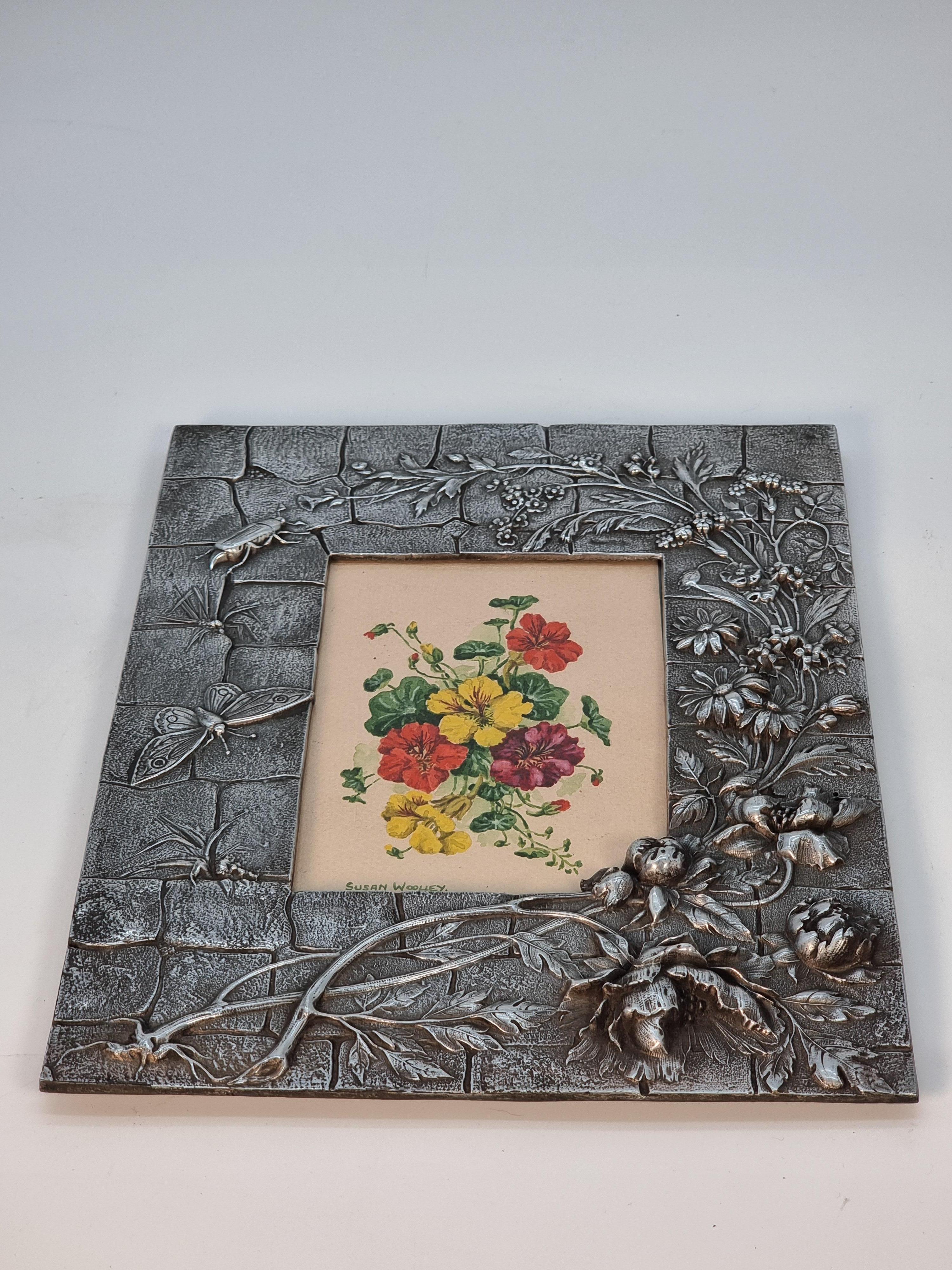 A floral watercolour and decorative pewter frame, c 1890 For Sale 4