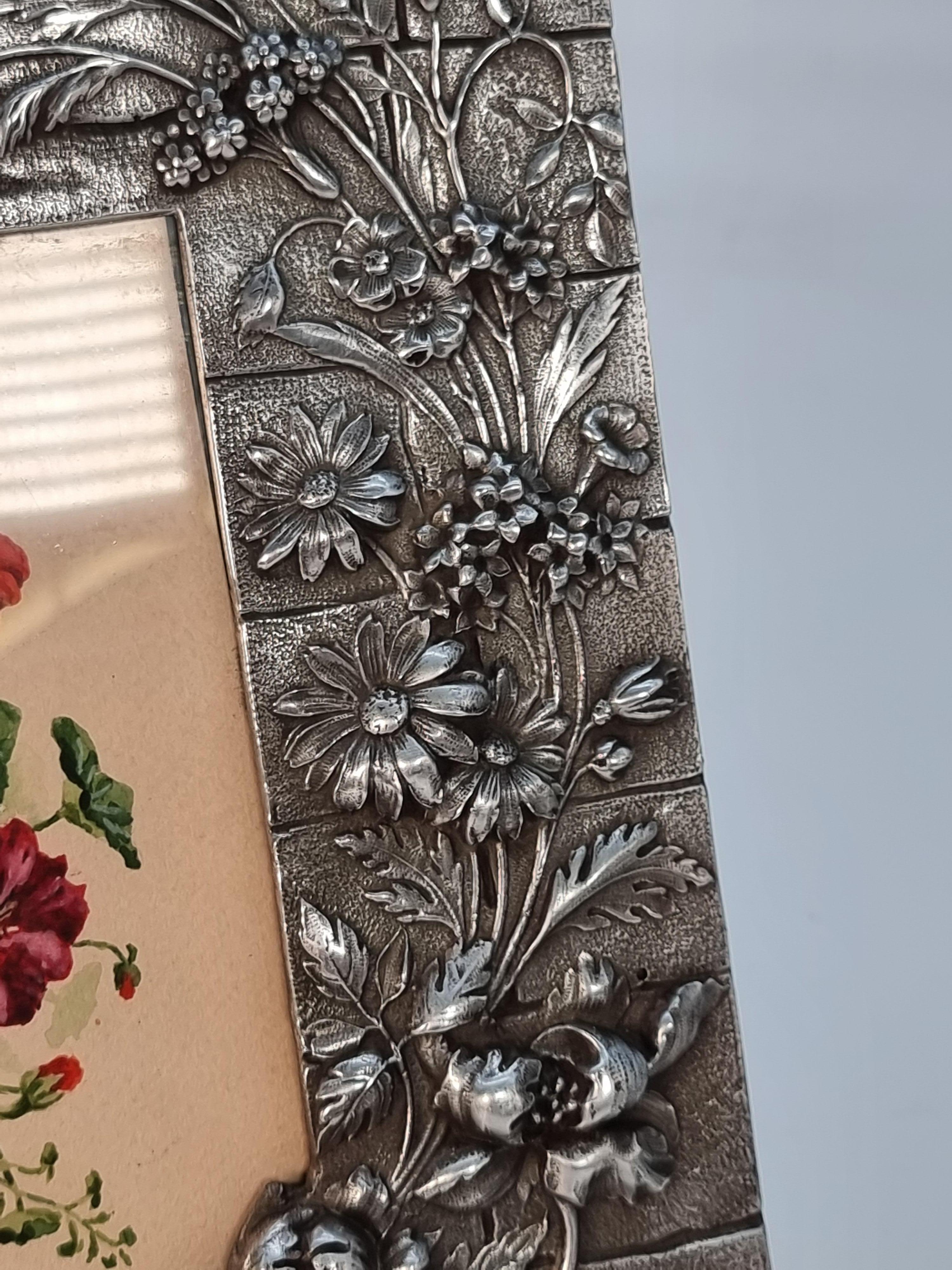 19th Century A floral watercolour and decorative pewter frame, c 1890 For Sale