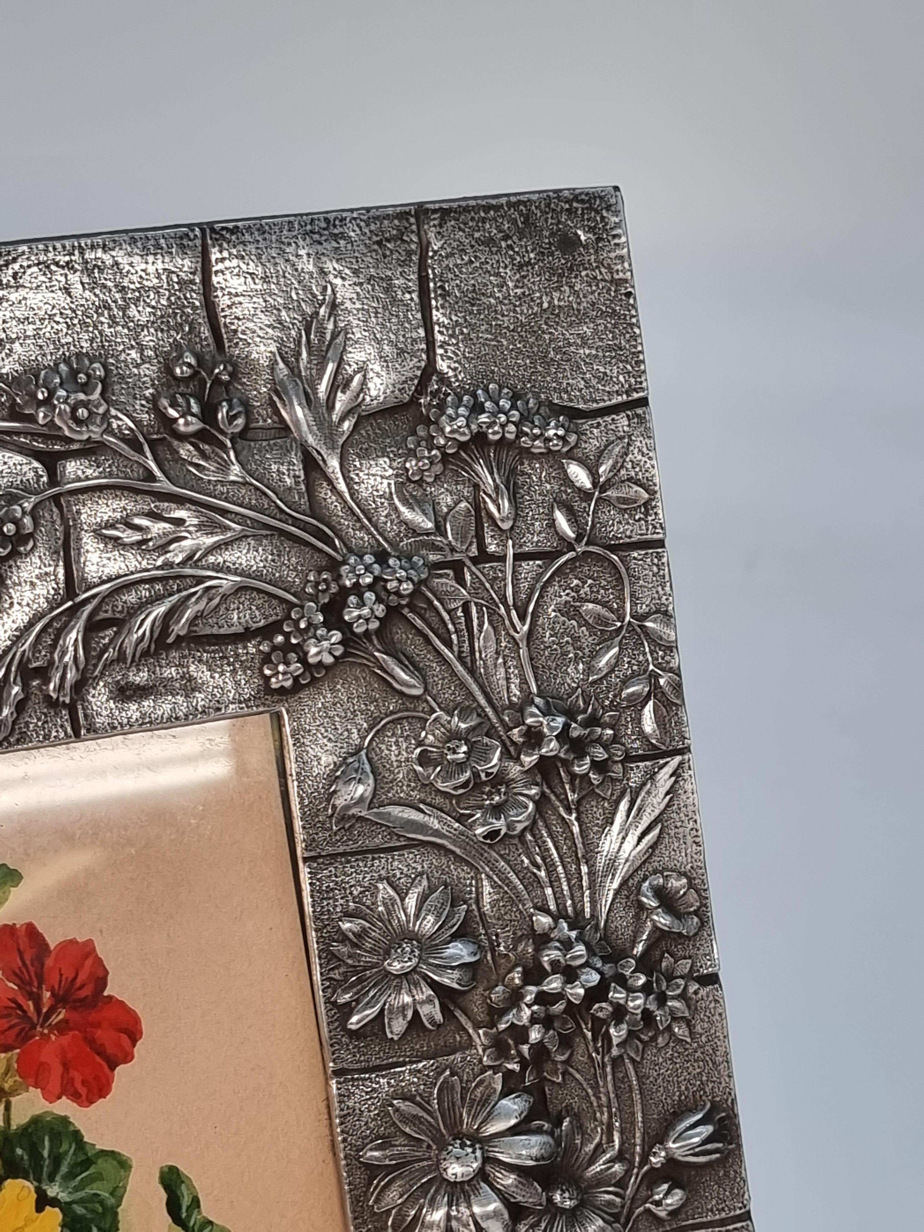 Glass A floral watercolour and decorative pewter frame, c 1890 For Sale