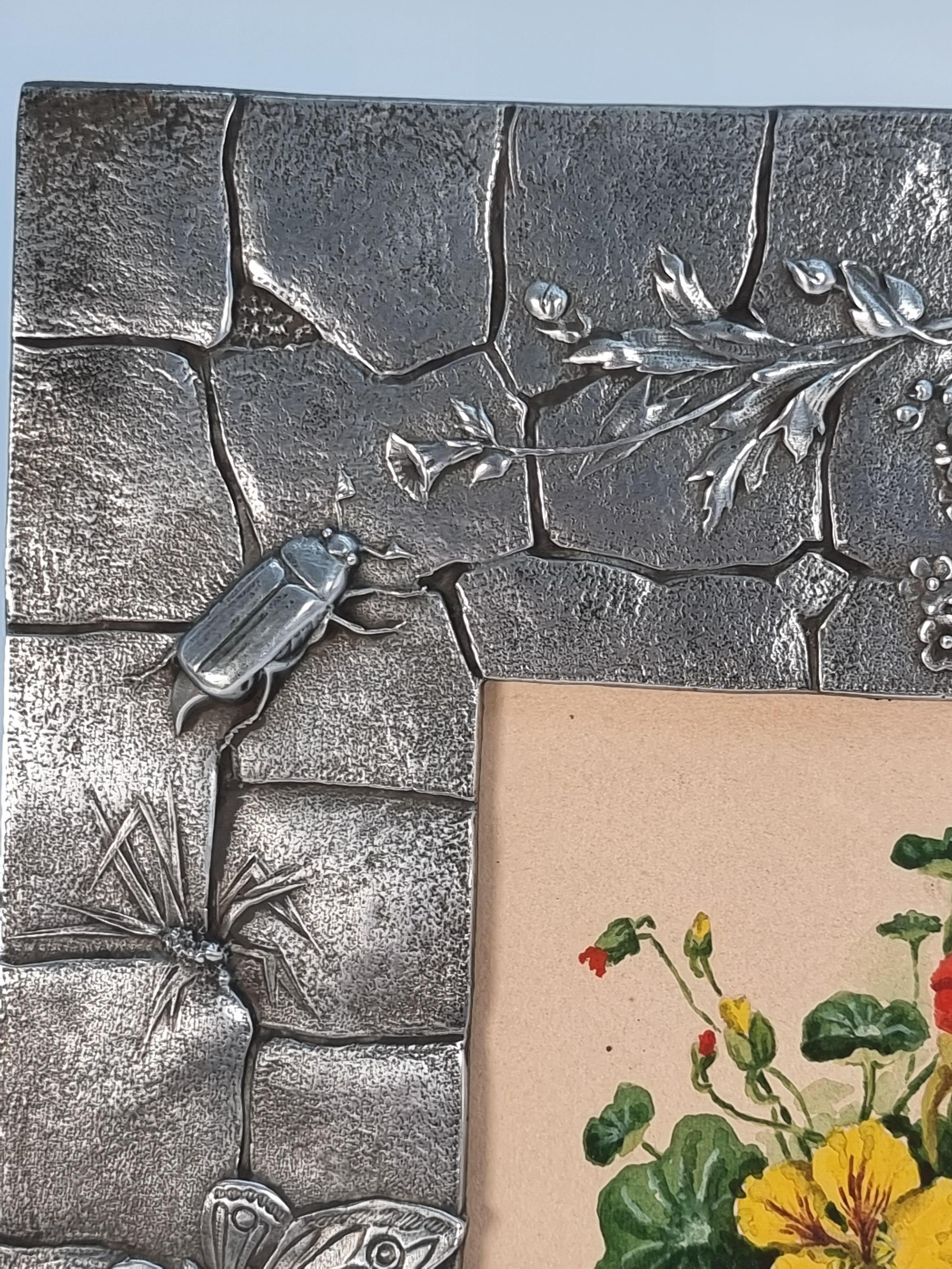 A floral watercolour and decorative pewter frame, c 1890 For Sale 1