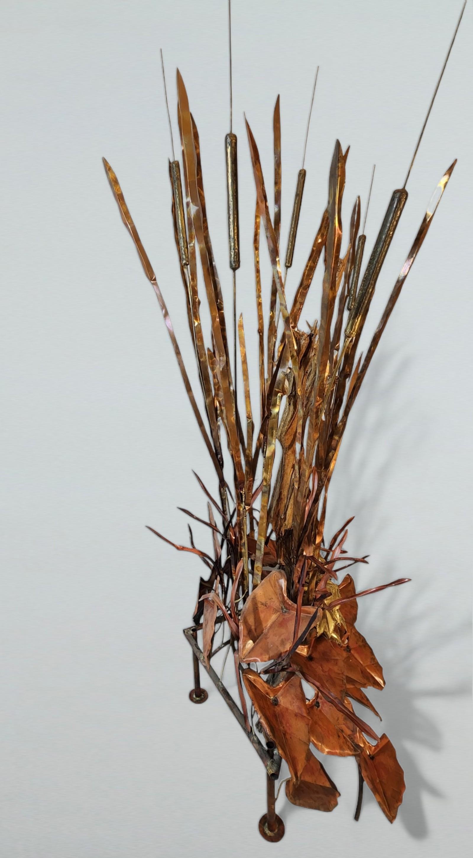 Cast 6' Brass and Copper Marsh Grass, Cattails and Driftwood Curtis Jere Style 1970s For Sale