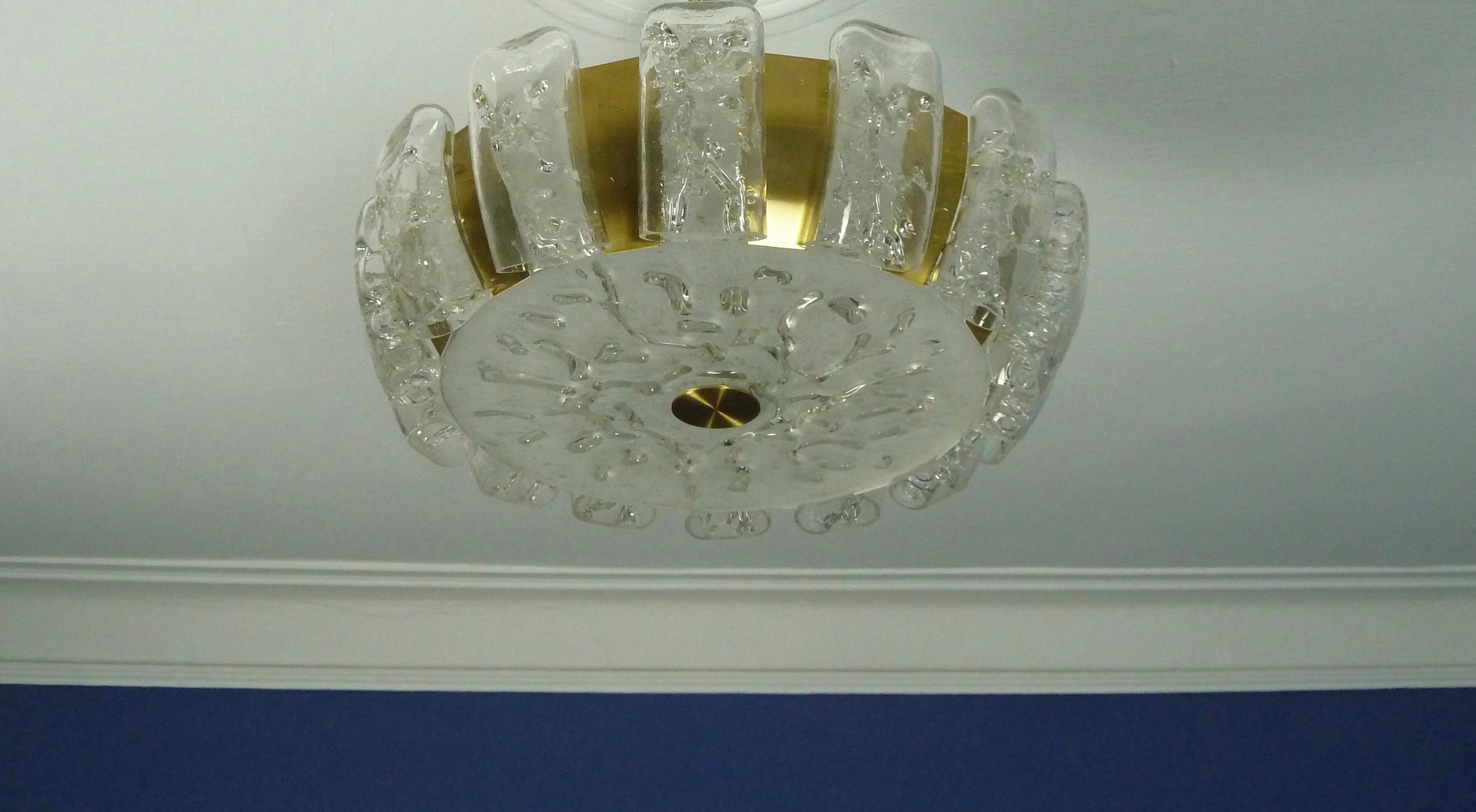 Flush Mount with Blown Ice Glass, Midcentury Plafoniere from Doria, 1970s For Sale 3