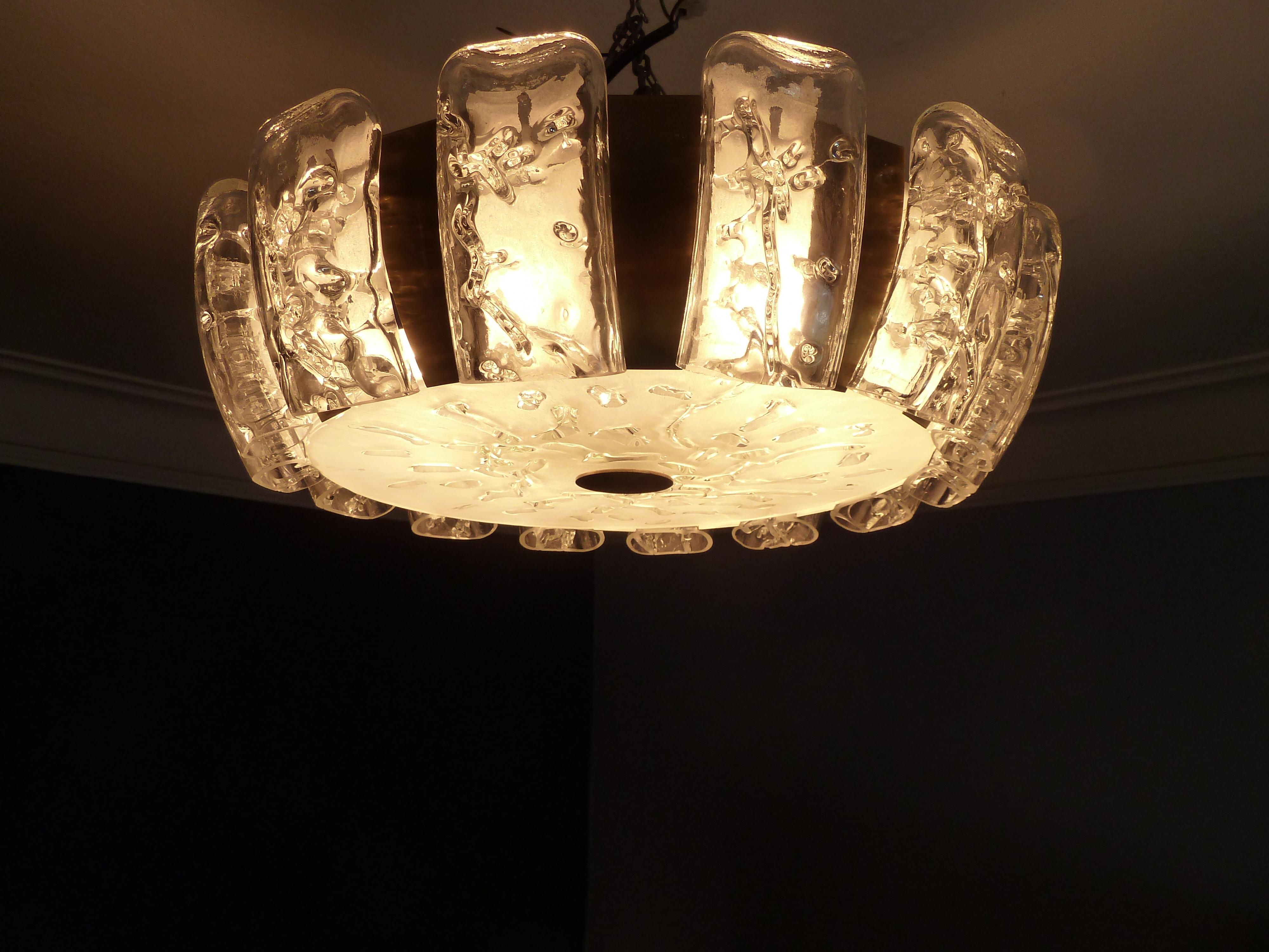 German Flush Mount with Blown Ice Glass, Midcentury Plafoniere from Doria, 1970s For Sale