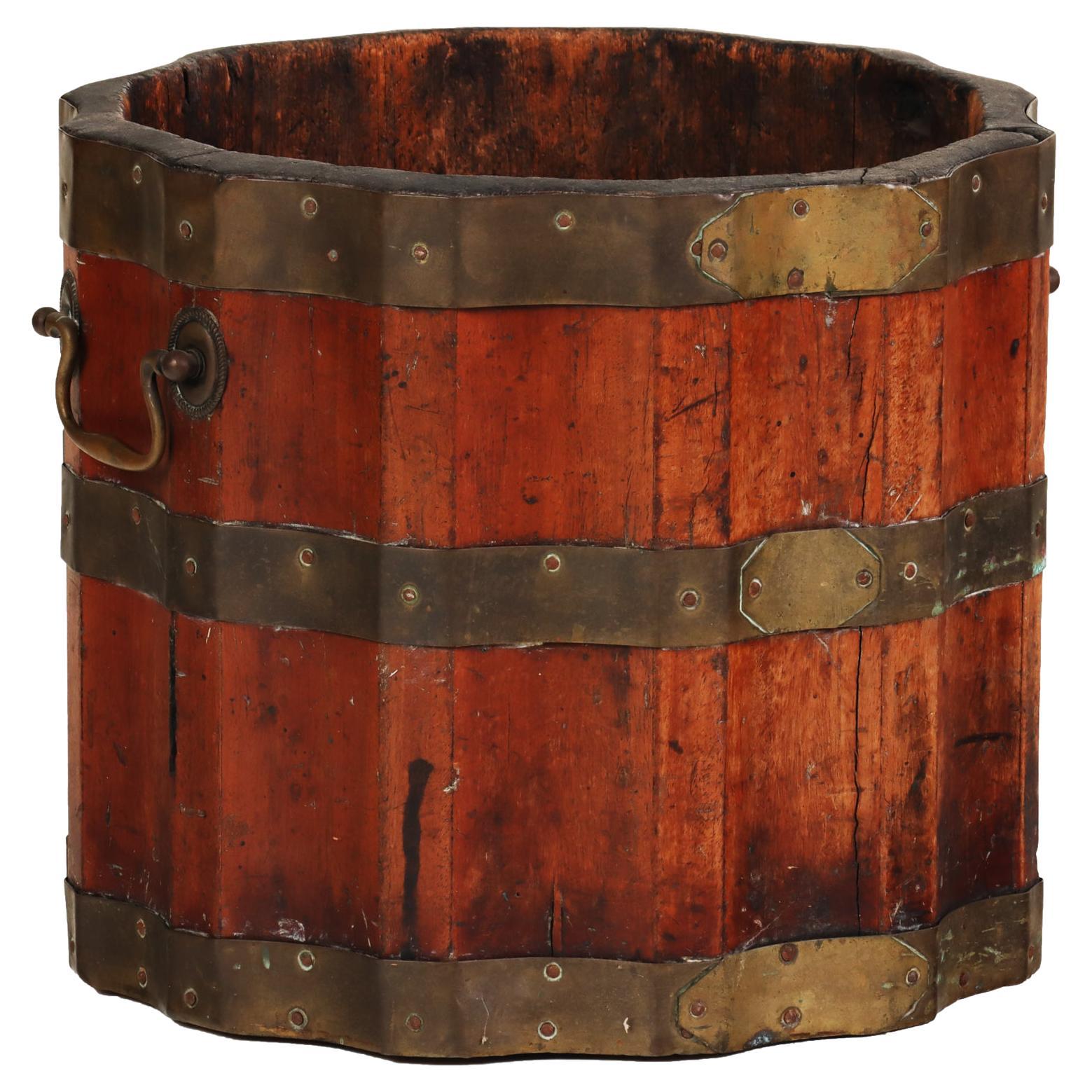 Fluted Vintage Wine Barrel or Bucket, with Brass Bands and Handles, C 19th C