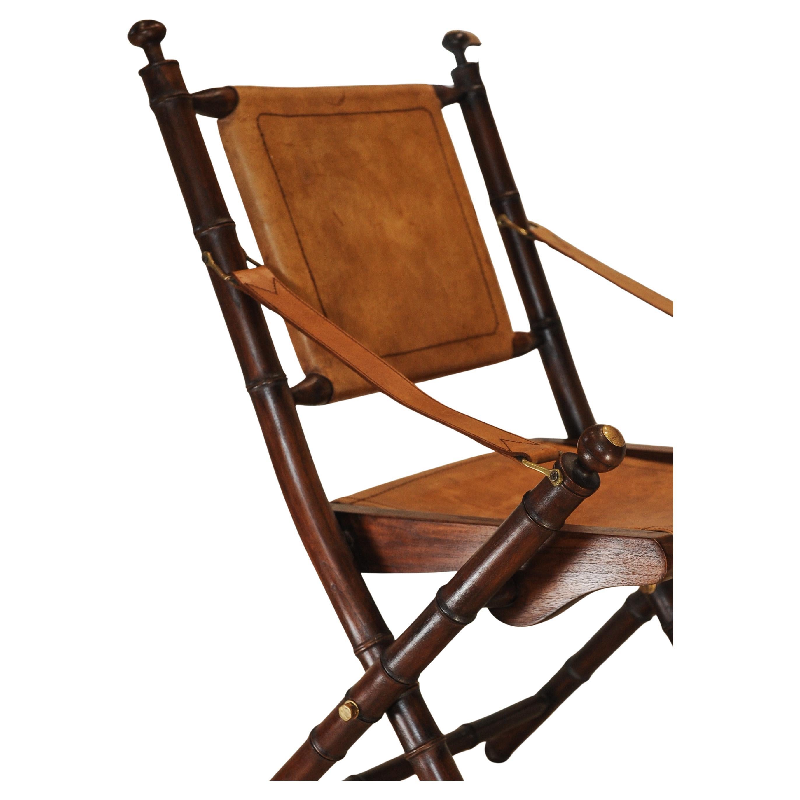 A Folding Safari Chair With Stitched Tan Leather Straps & Seat Faux Bamboo Legs For Sale 3