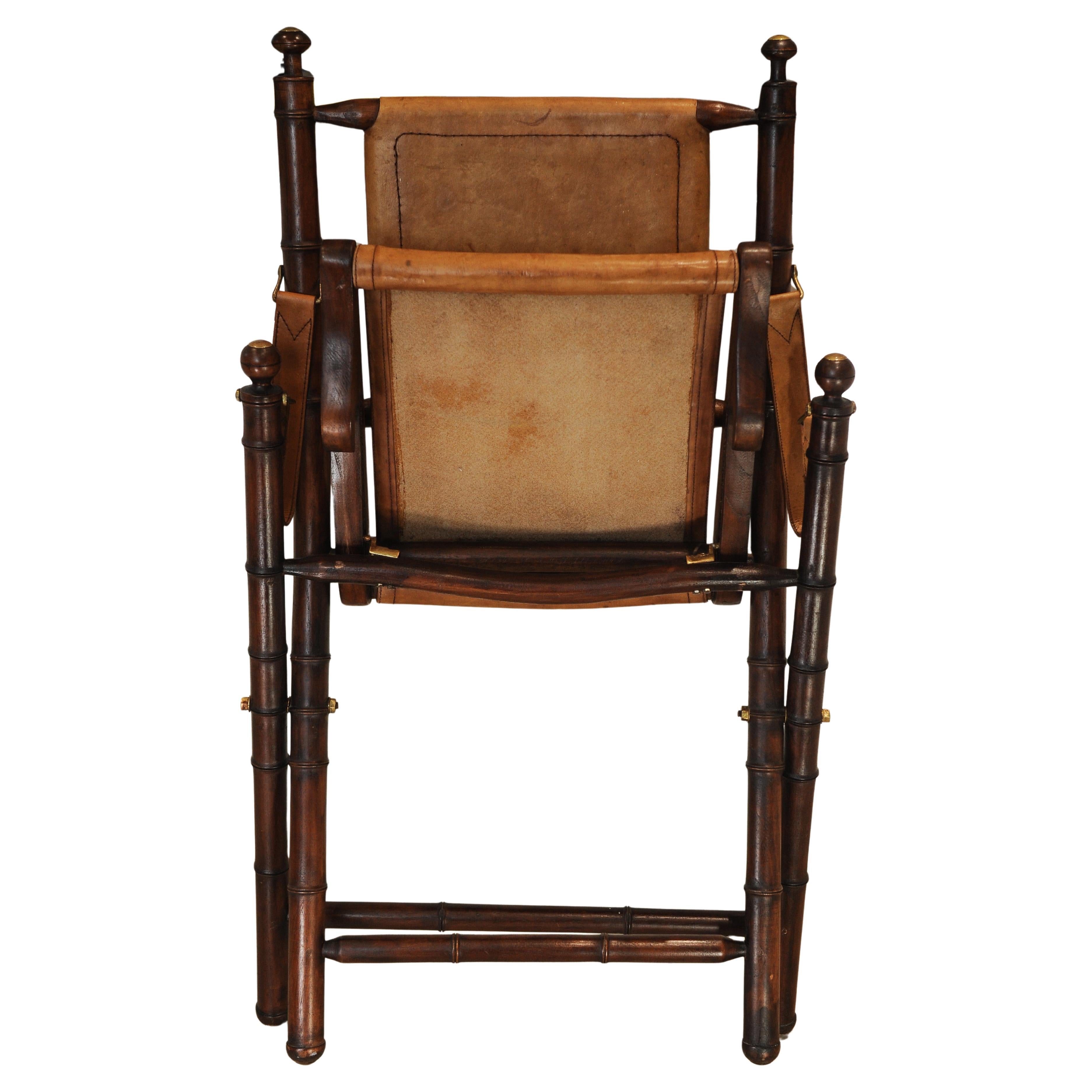 A Folding Safari Chair With Stitched Tan Leather Straps & Seat Faux Bamboo Legs For Sale 5
