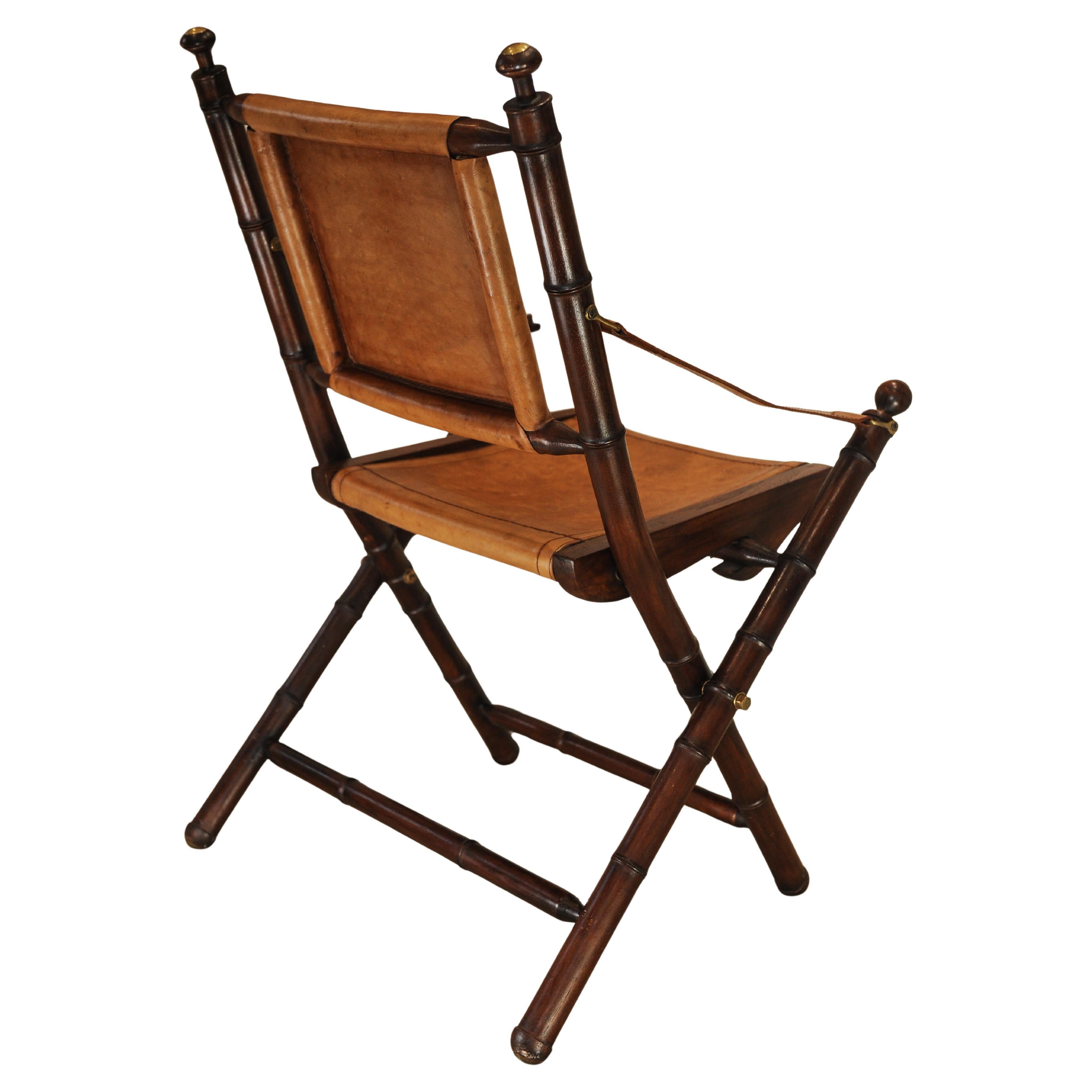 A Folding Safari Chair With Stitched Tan Leather Straps & Seat Faux Bamboo Legs For Sale 1