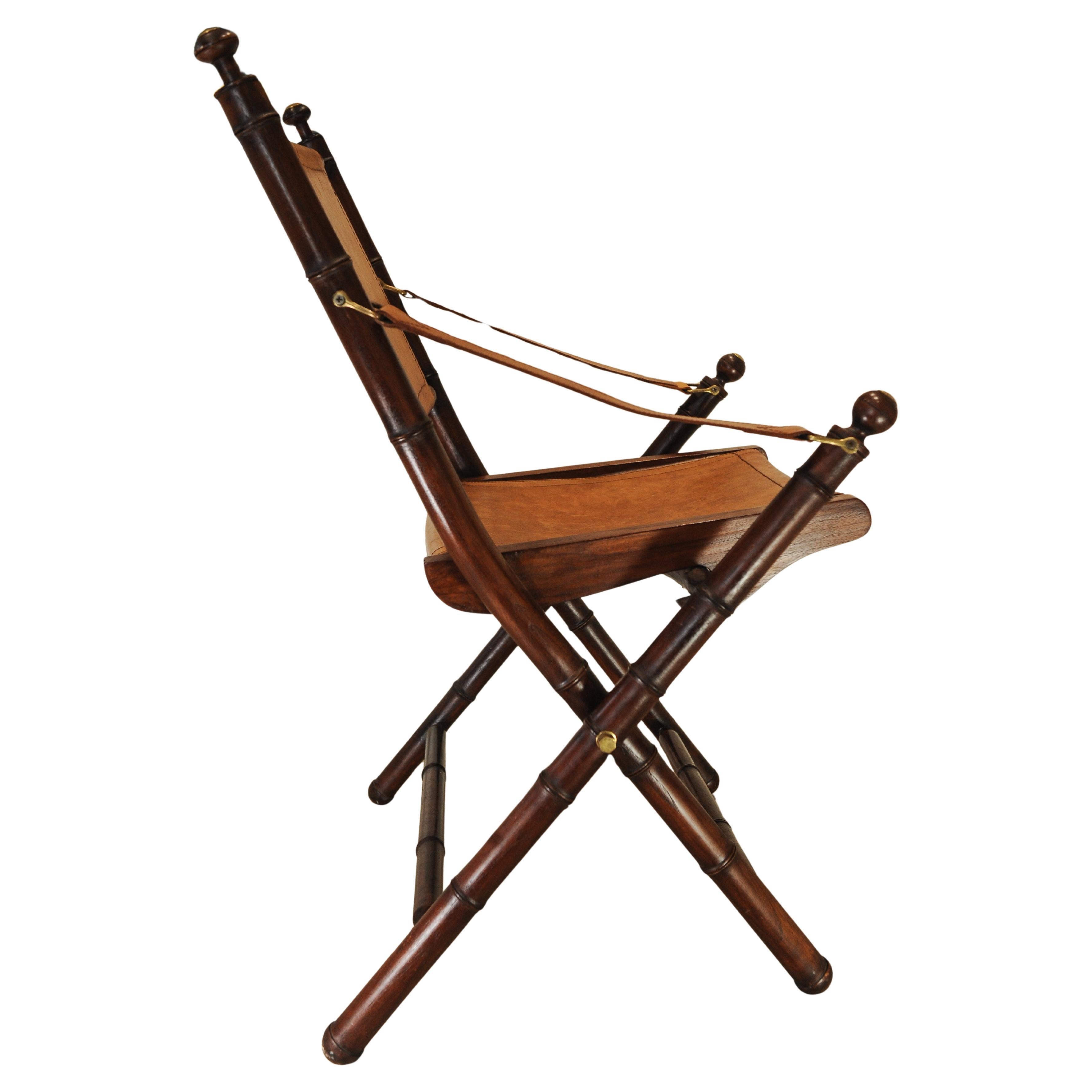 A Folding Safari Chair With Stitched Tan Leather Straps & Seat Faux Bamboo Legs For Sale 2