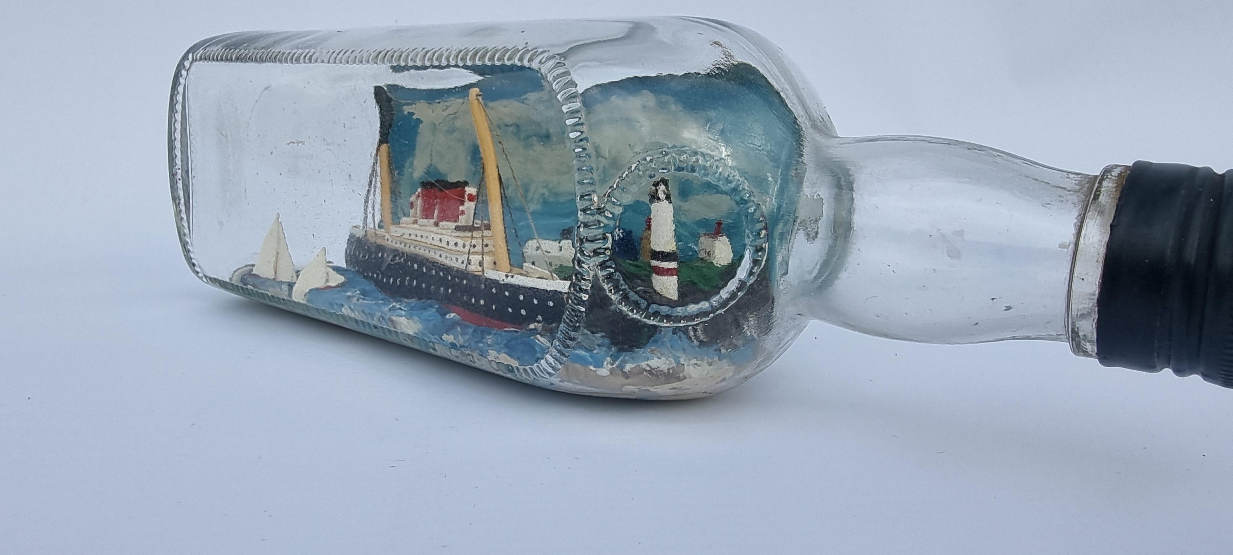 Hand-Crafted A folk art diorama model passenger ship in a bottle English circa 1930 For Sale
