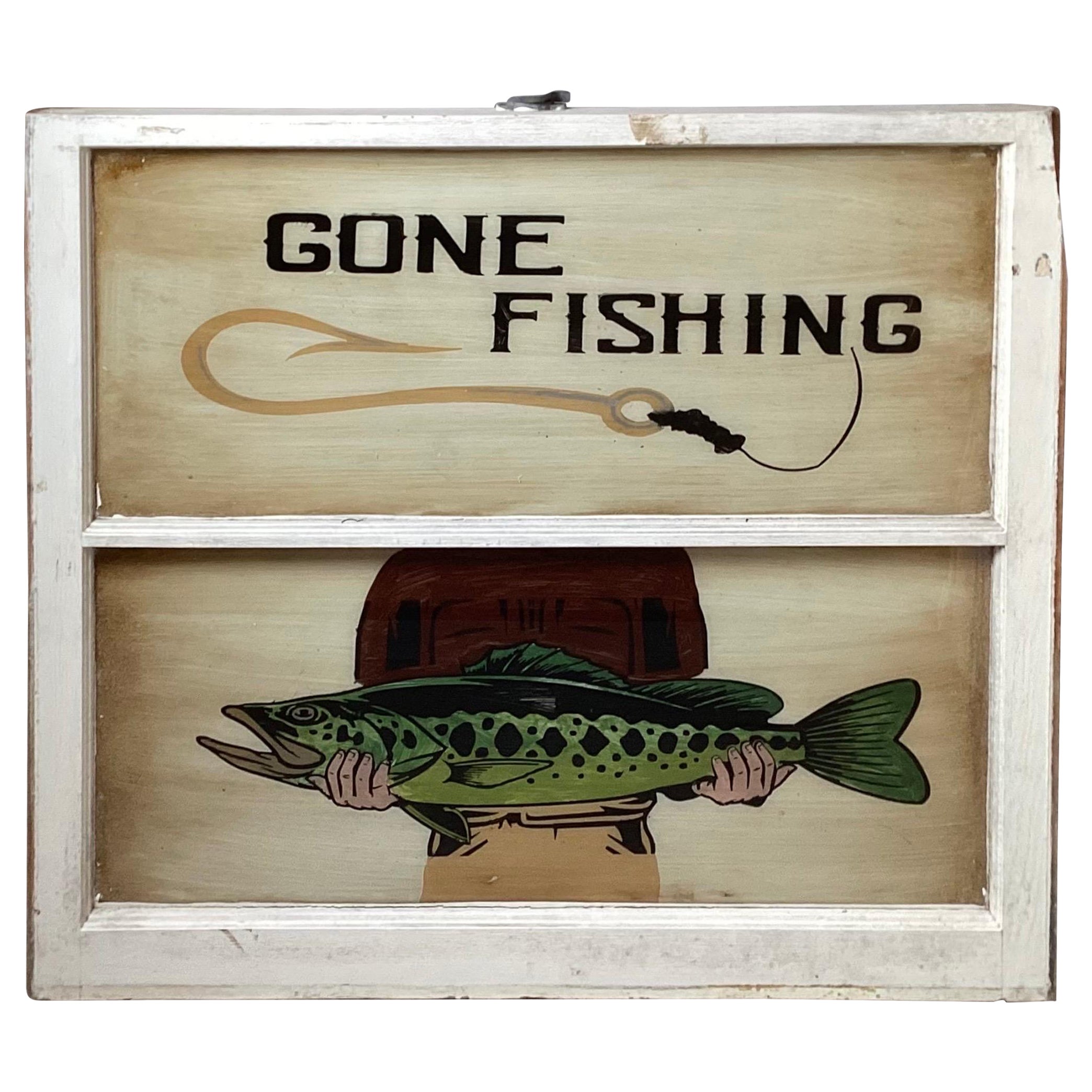 Panneau de fenêtre peint à l'envers de style folklorique "Gone Fishing" (Parti à la pêche) en vente