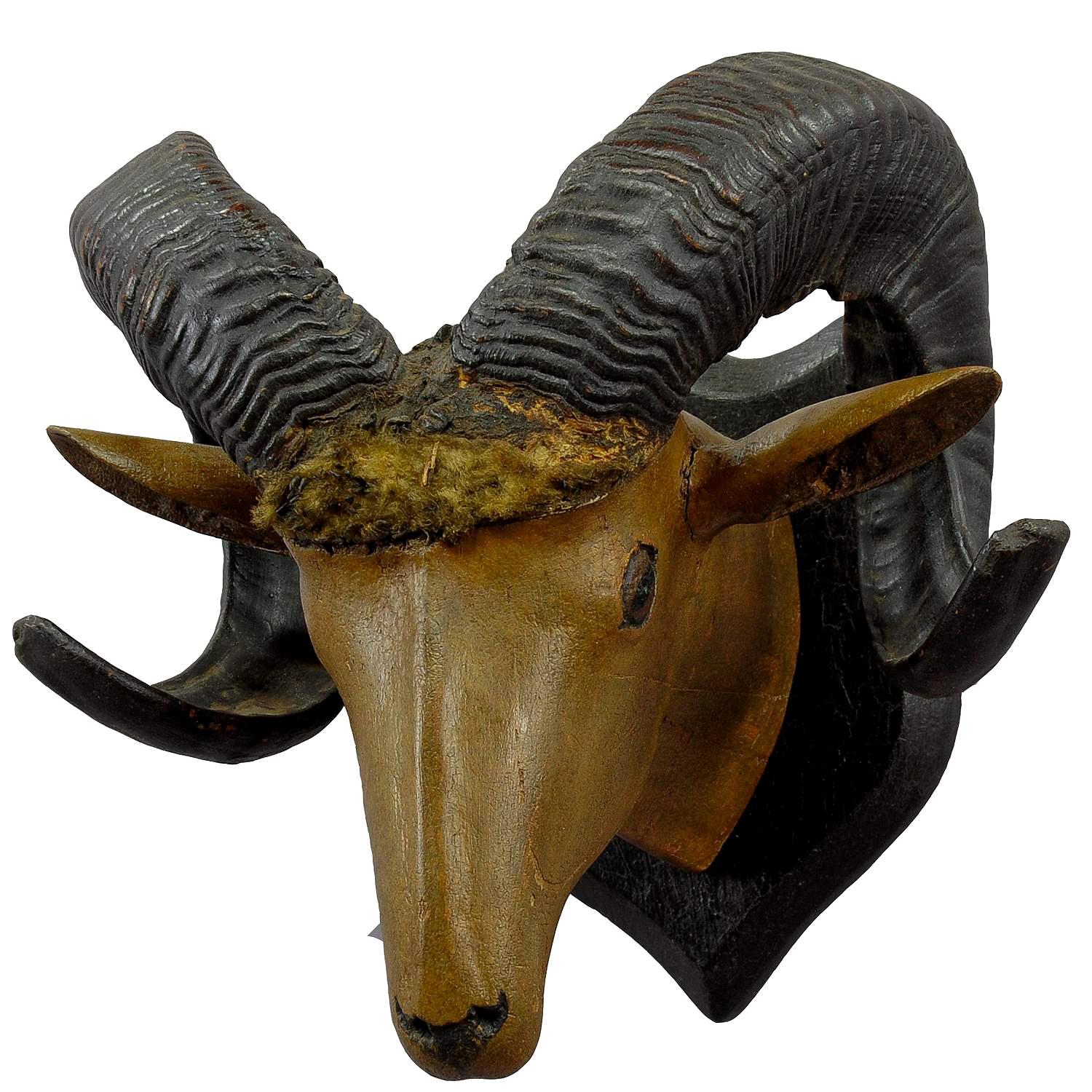 Folksy Carved Wood Ram Head, 1900