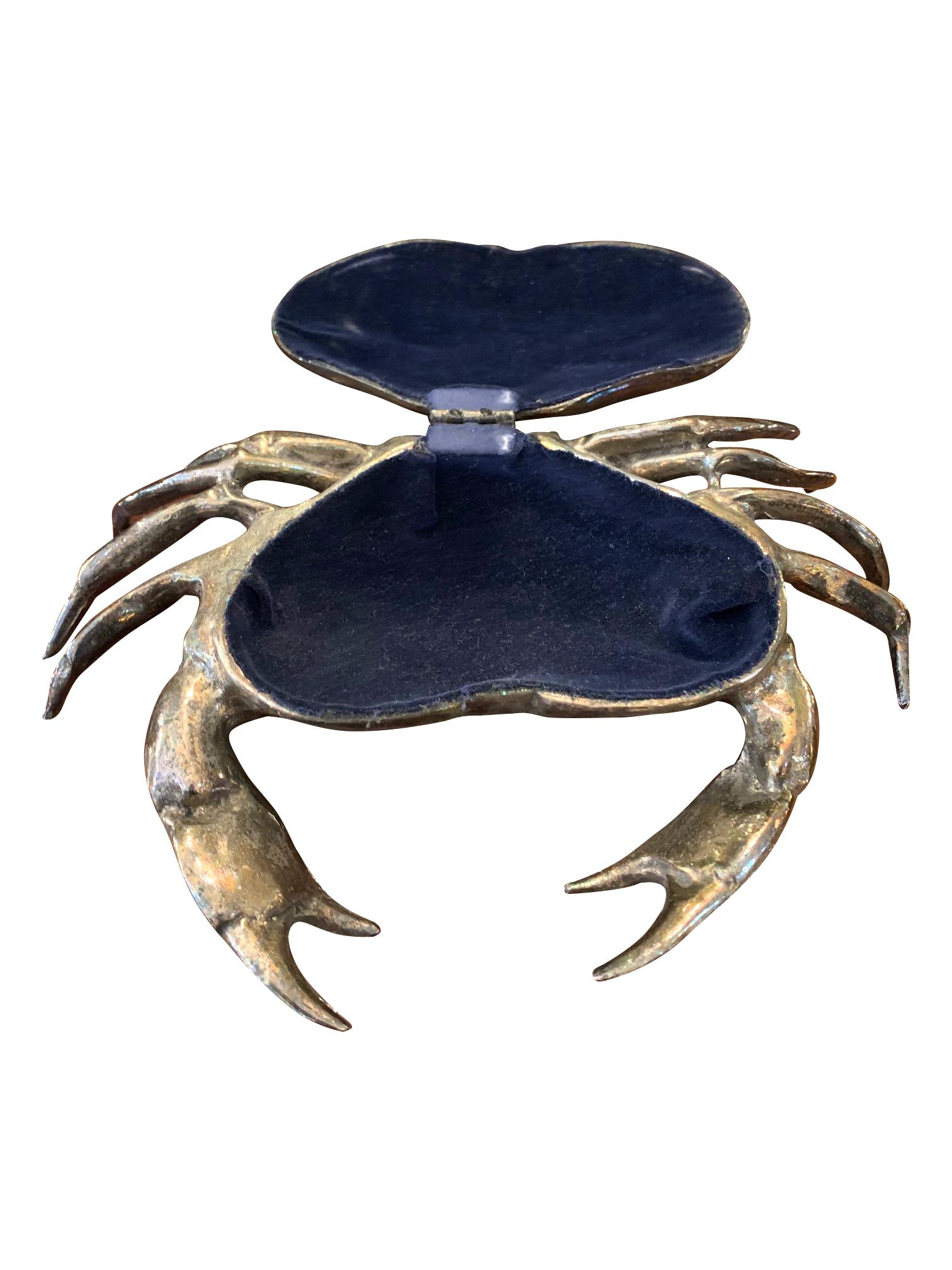 Mid-Century Modern Fondica Solid Cast Crab with Hinged Top Shell with Blue Velvet Lining
