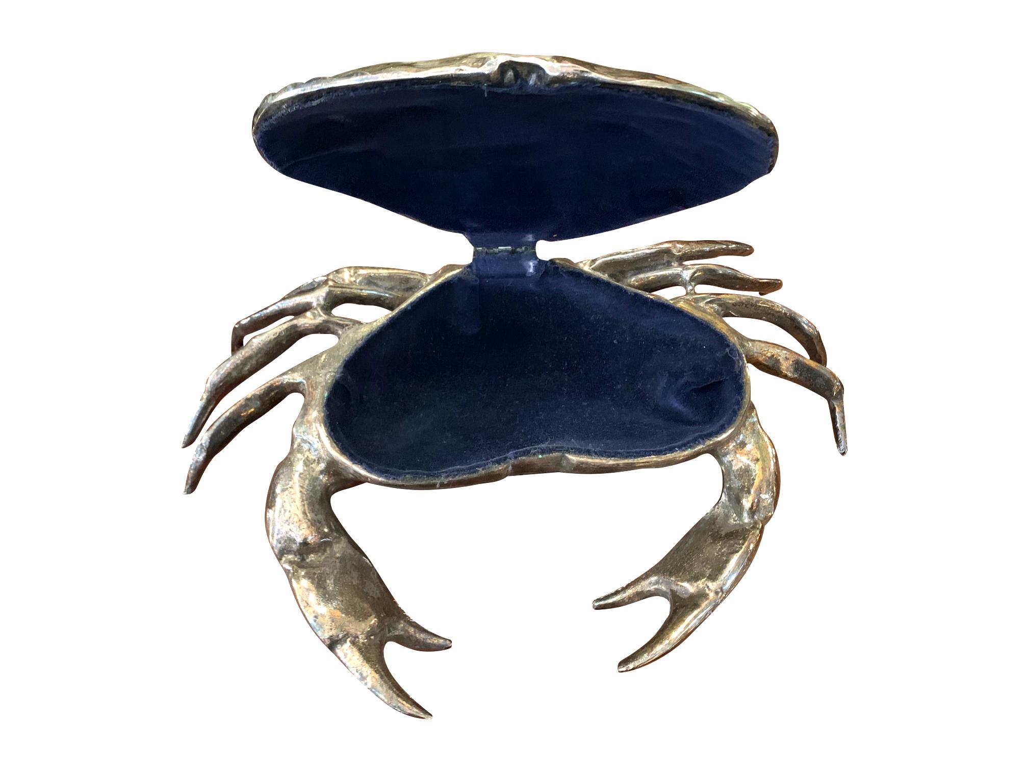 Brass Fondica Solid Cast Crab with Hinged Top Shell with Blue Velvet Lining