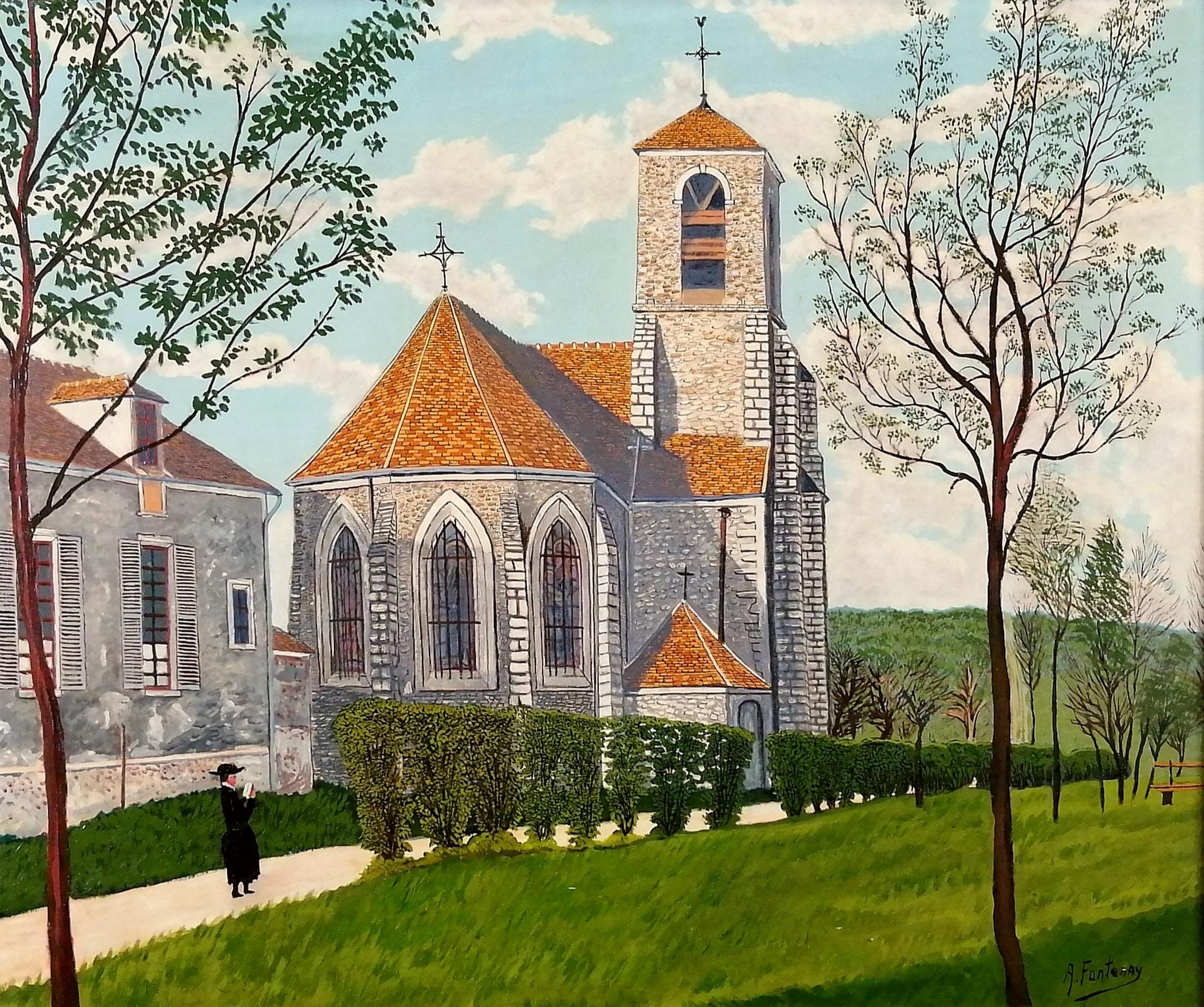 Eglise Saint-Pierre - Mid 20th Century French Naif Naive Landscape Oil Painting - Brown Landscape Painting by A. Fontenay