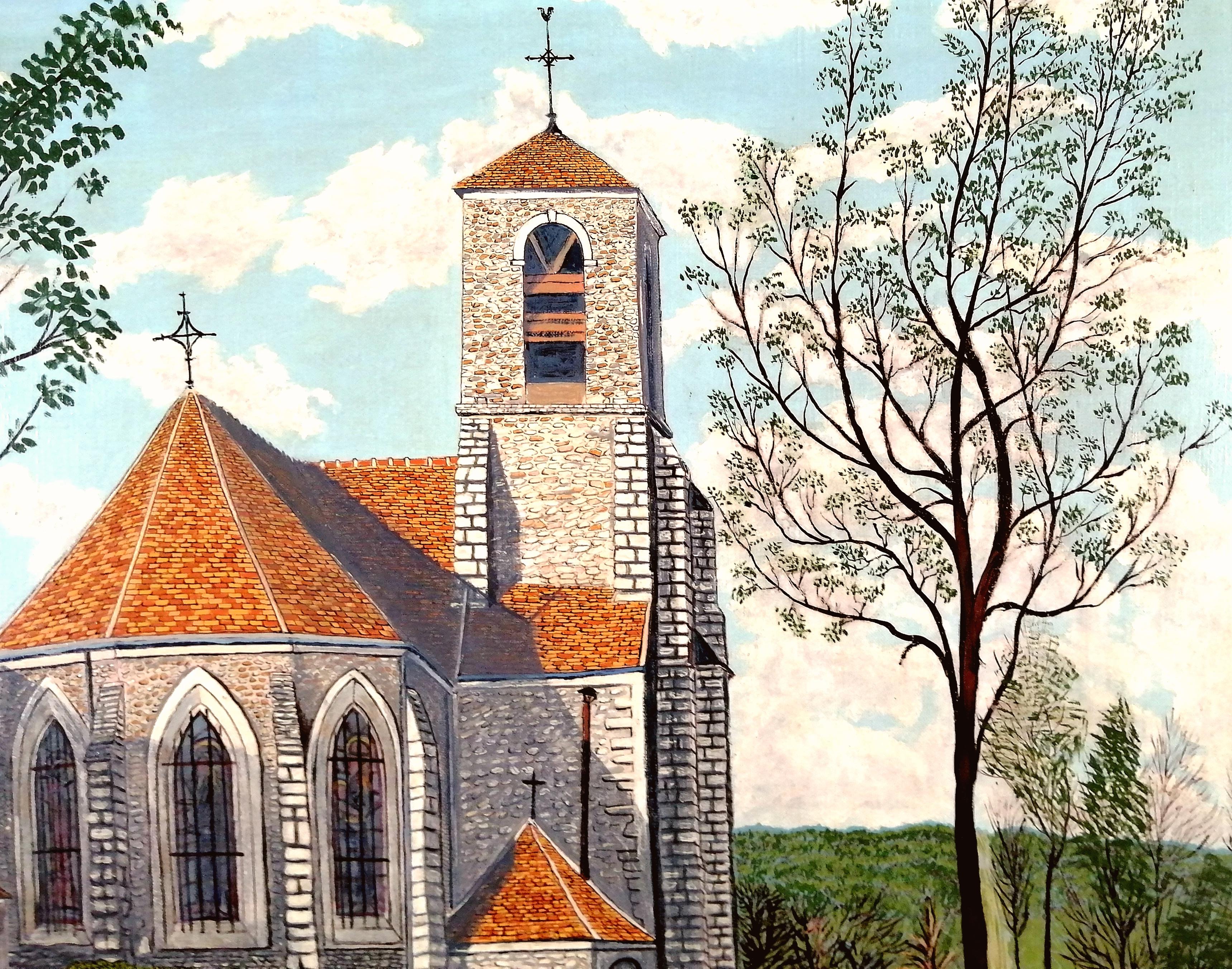 A beautiful mid 20th century French naive oil on canvas depicting the Eglise Saint-Pierre at Boussy-Saint-Antoine, on the outskirts of Paris.

Superb example of mid 20th century French naive art, which is presented in a fine carved and painted wood