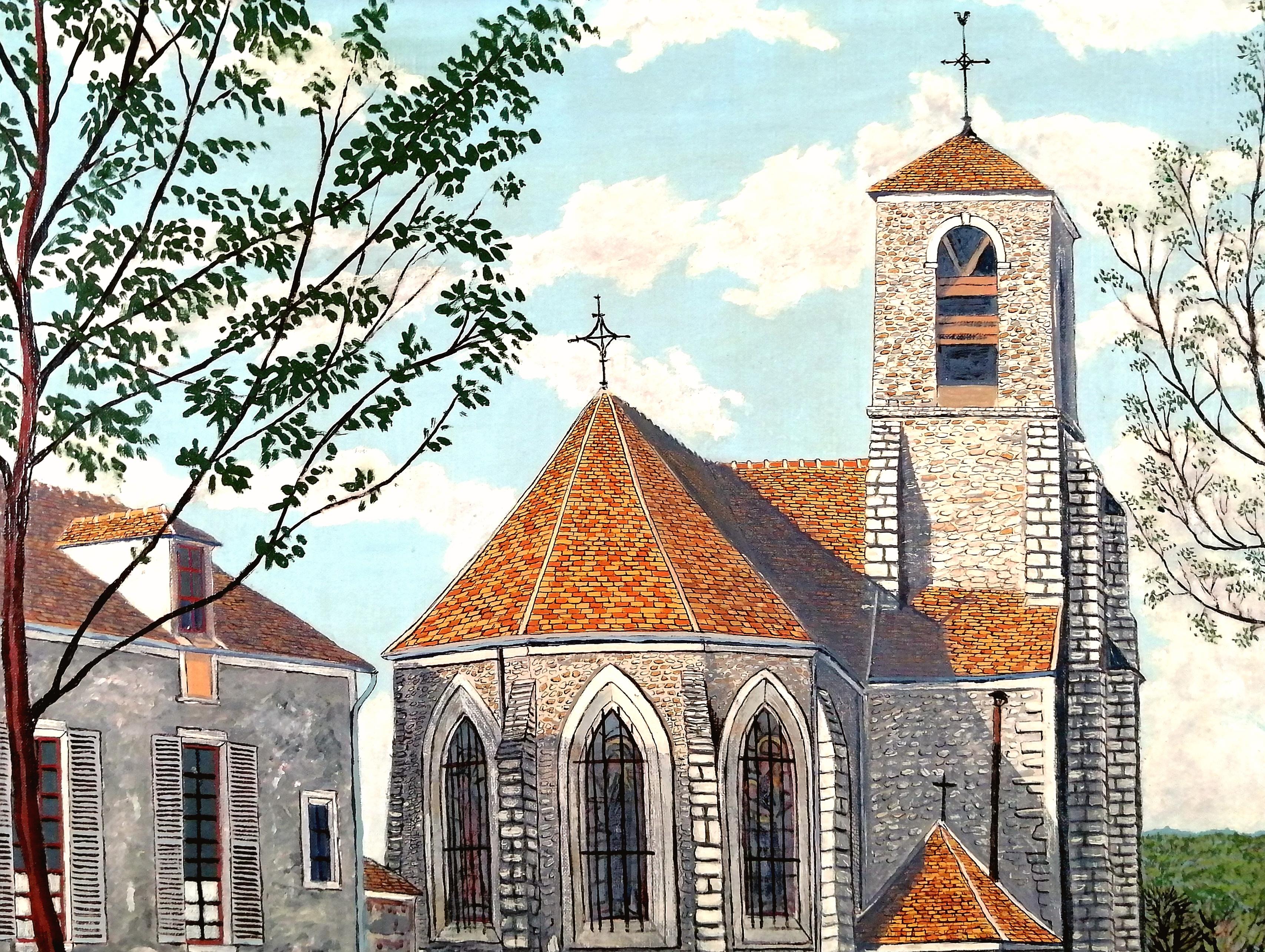 Eglise Saint-Pierre - Mid 20th Century French Naif Naive Landscape Oil Painting For Sale 1