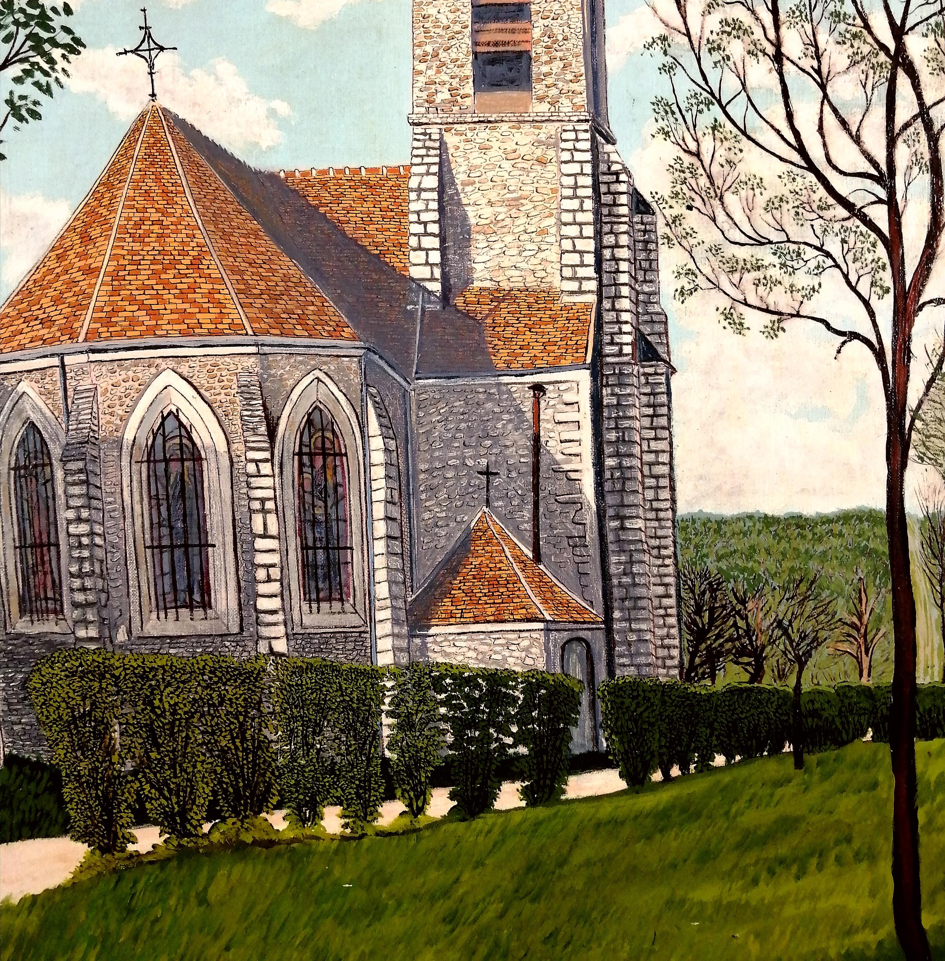 Eglise Saint-Pierre - Mid 20th Century French Naif Naive Landscape Oil Painting For Sale 2