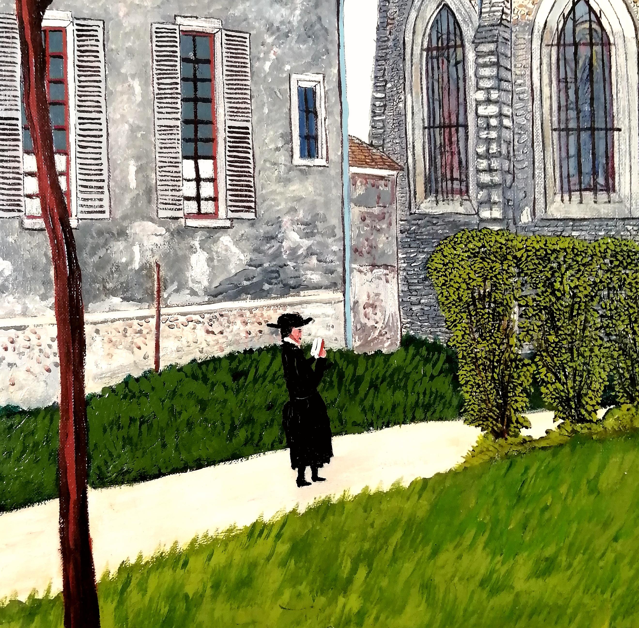 Eglise Saint-Pierre - Mid 20th Century French Naif Naive Landscape Oil Painting For Sale 3