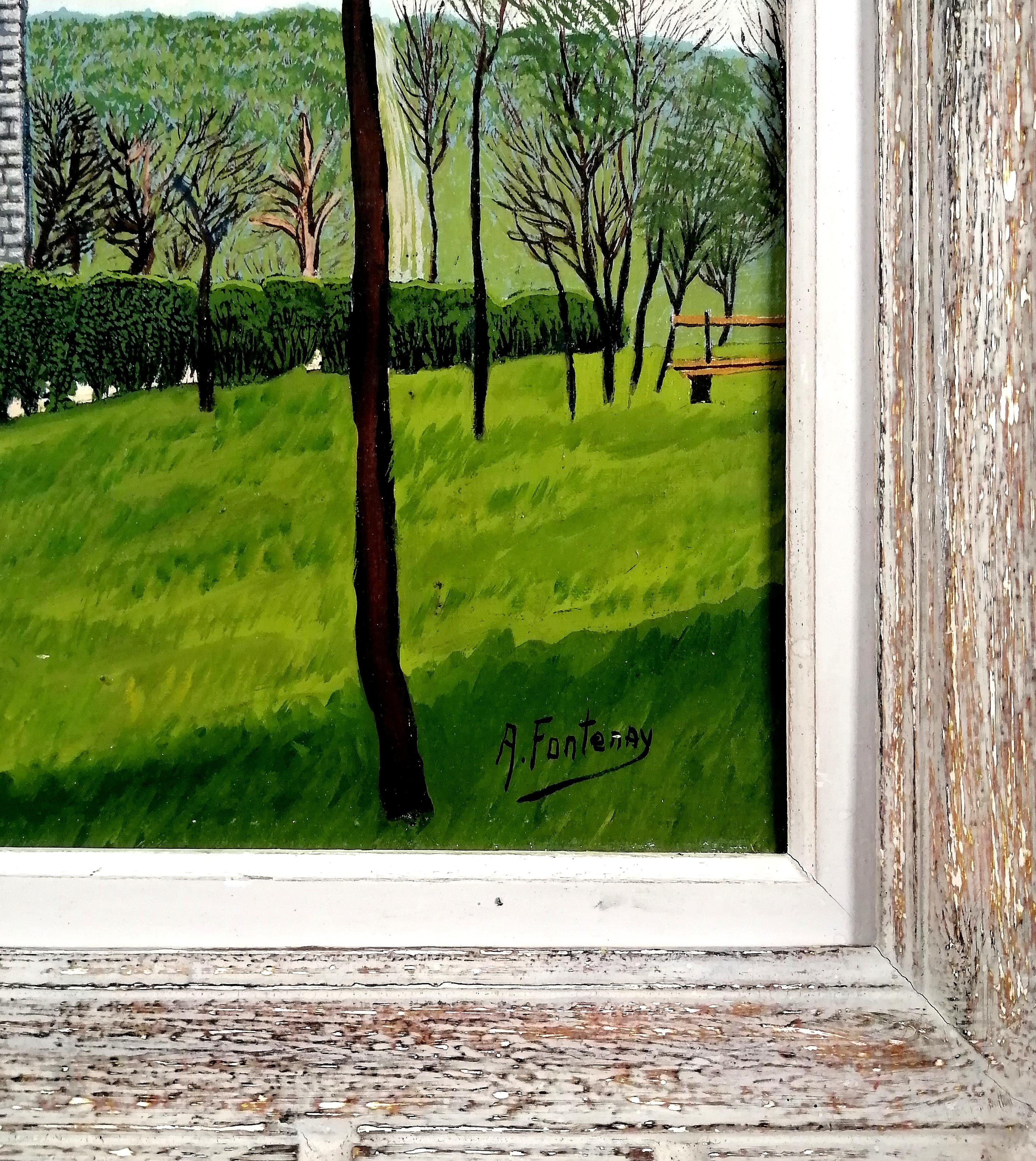 Eglise Saint-Pierre - Mid 20th Century French Naif Naive Landscape Oil Painting For Sale 4