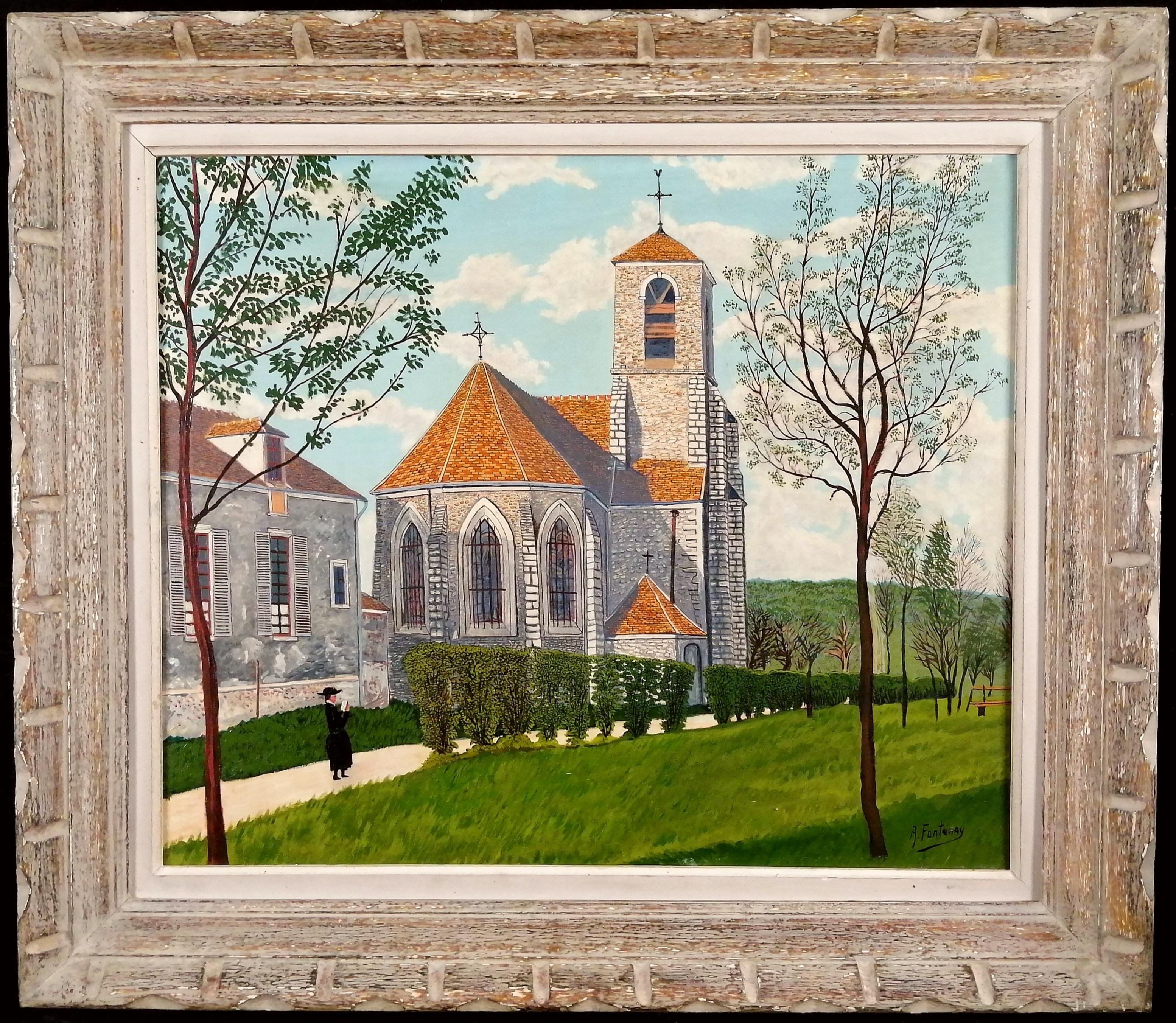 A. Fontenay Landscape Painting - Eglise Saint-Pierre - Mid 20th Century French Naif Naive Landscape Oil Painting