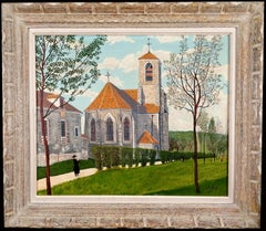 Eglise Saint Pierre - Mid 20th Century French Naif Naive Landscape Oil Painting