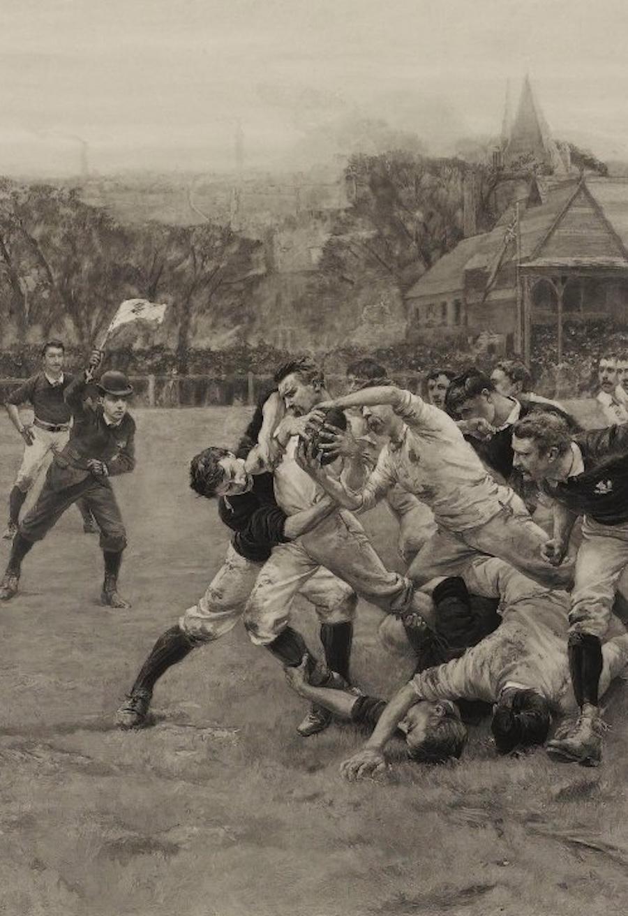 Papier « Un match de football, Écosse vs. Angleterre », gravure ancienne, édition de 100 exemplaires en vente