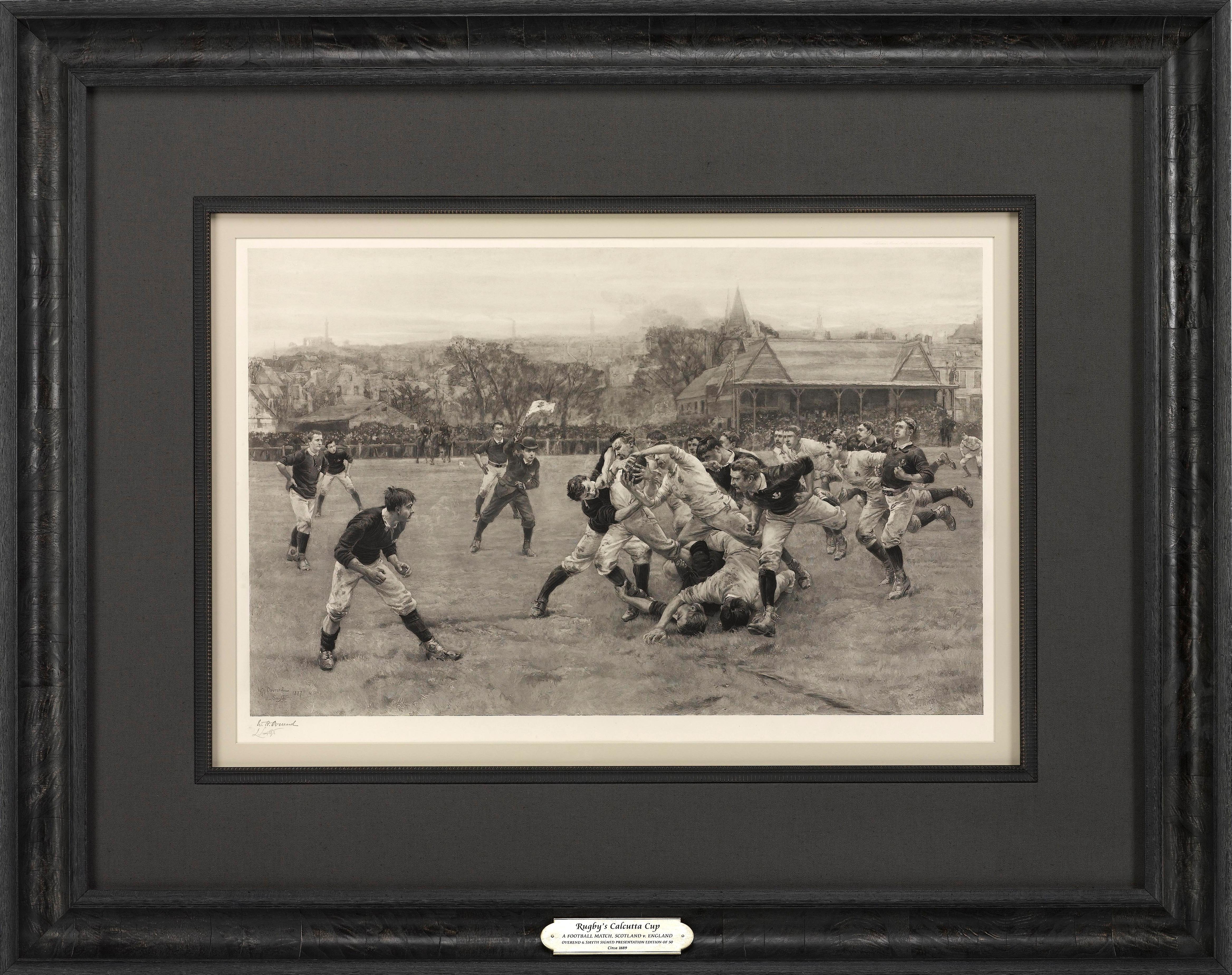 This is the 1889 William H. Overend (1851-1898) and Lionel Smythe (1839-1918) first edition, photogravure of the Calcutta Cup – a Rugby match between Scotland and England, that has been played over 100 times, the first match taking place in 1879.