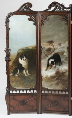 Four Fold Screen with Paintings of Dogs
