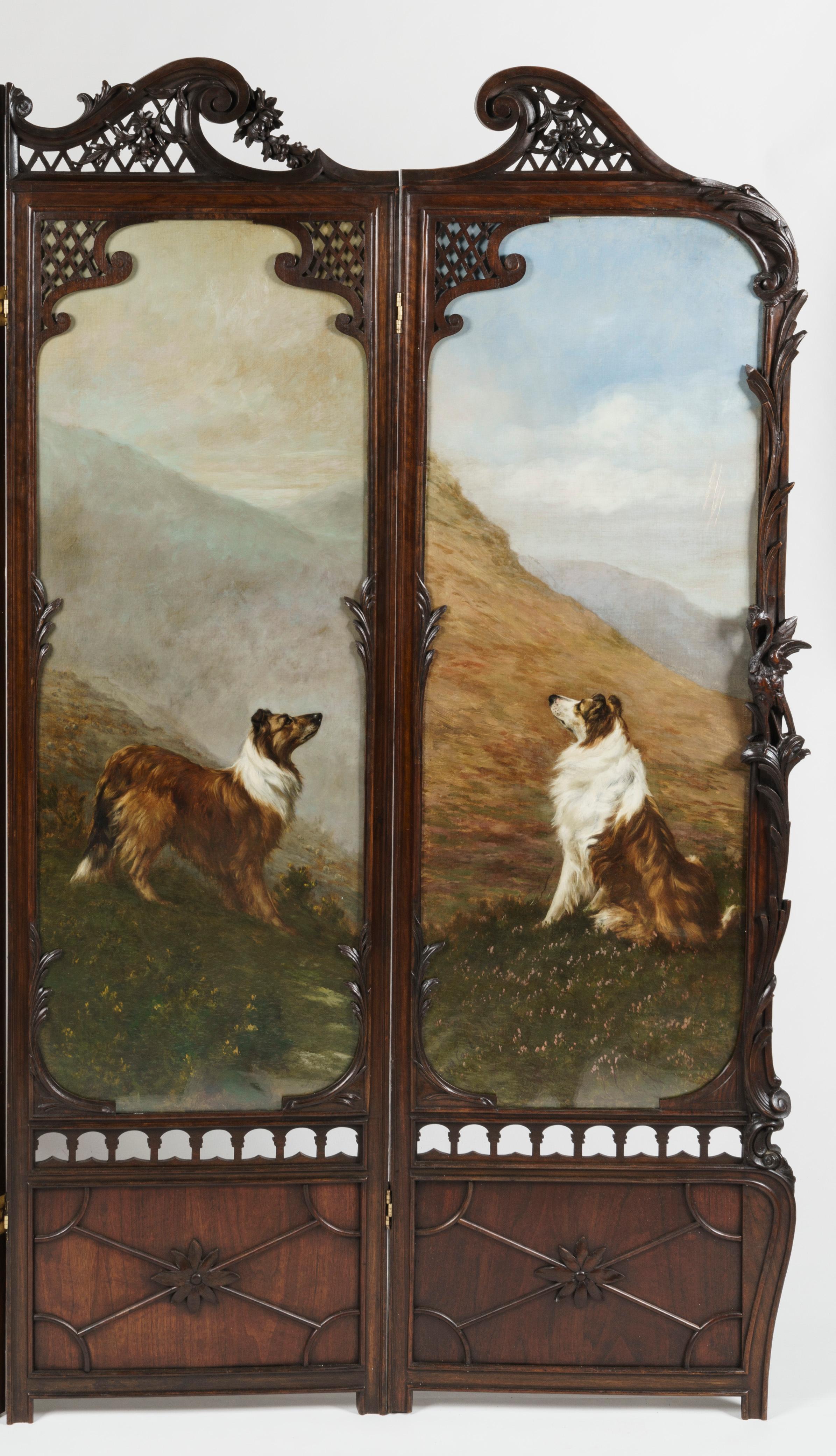 Art Nouveau Four Fold Screen with Paintings of Dogs For Sale