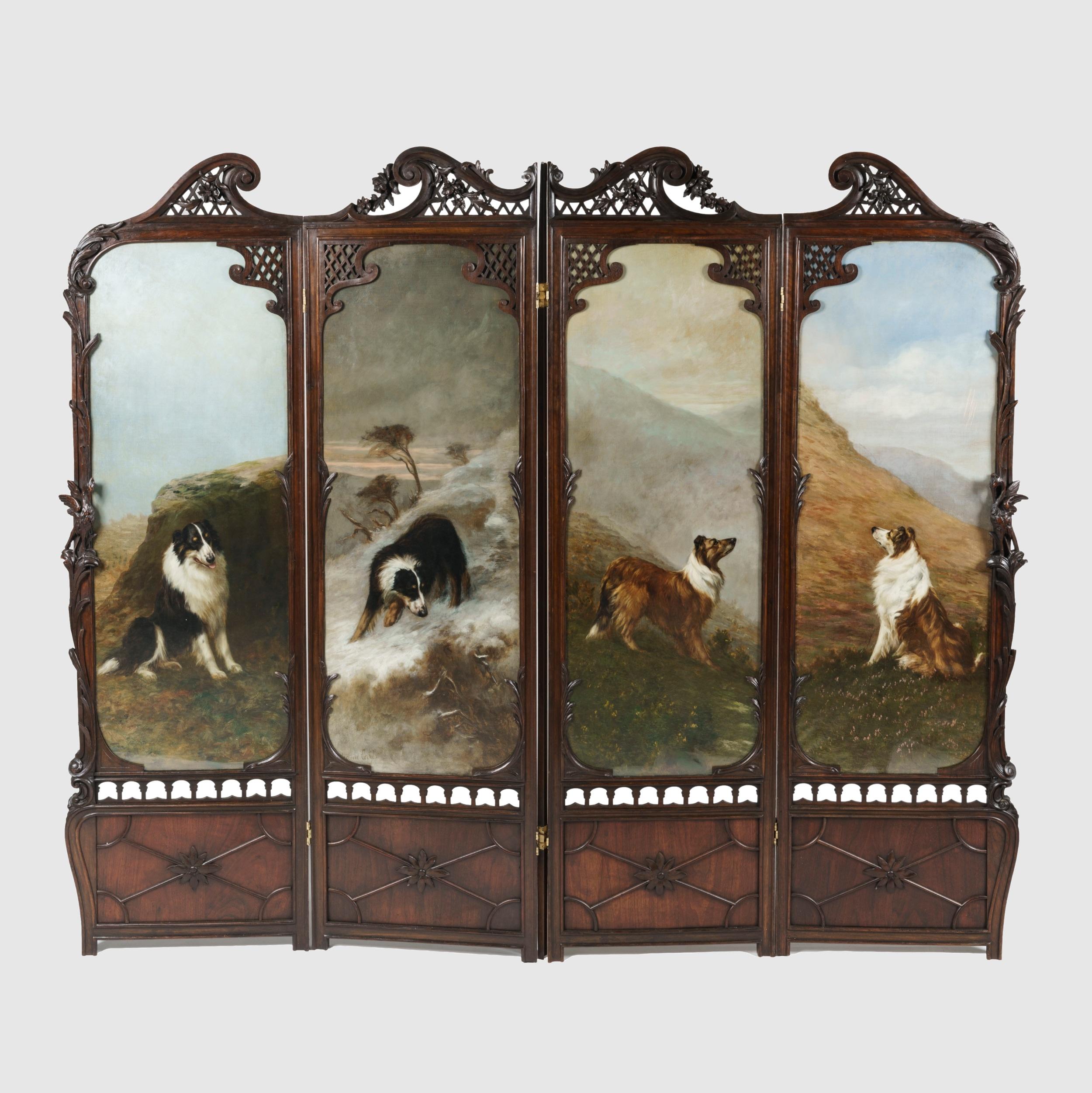 European Four Fold Screen with Paintings of Dogs For Sale
