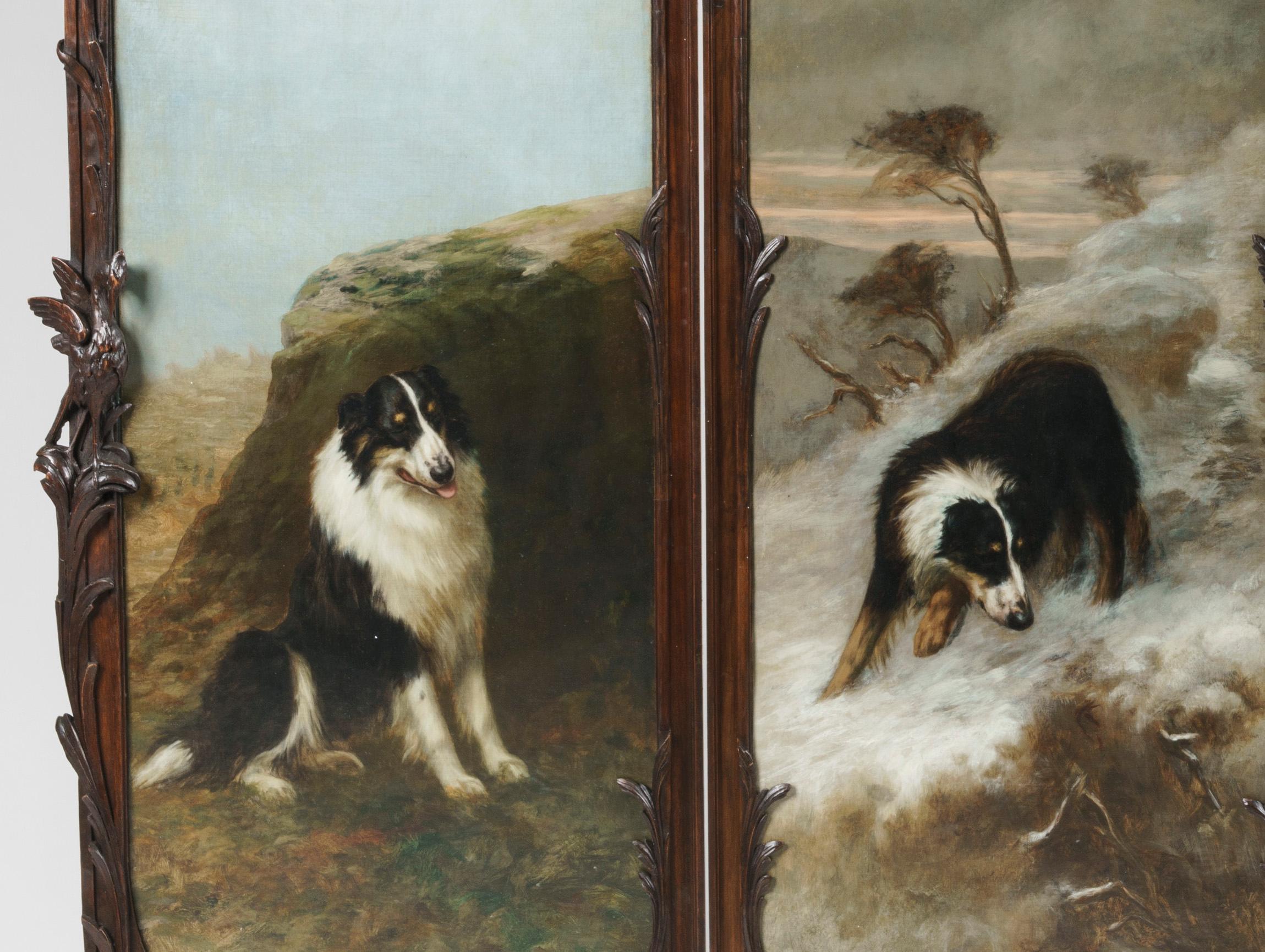 Mahogany Four Fold Screen with Paintings of Dogs For Sale
