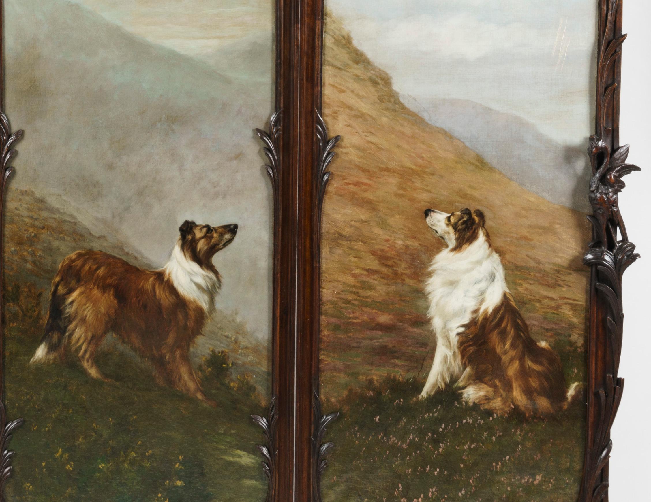 Four Fold Screen with Paintings of Dogs For Sale 1