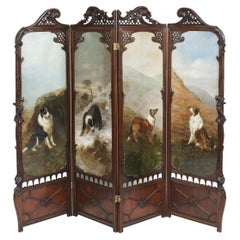 Antique Four Fold Screen with Paintings of Dogs
