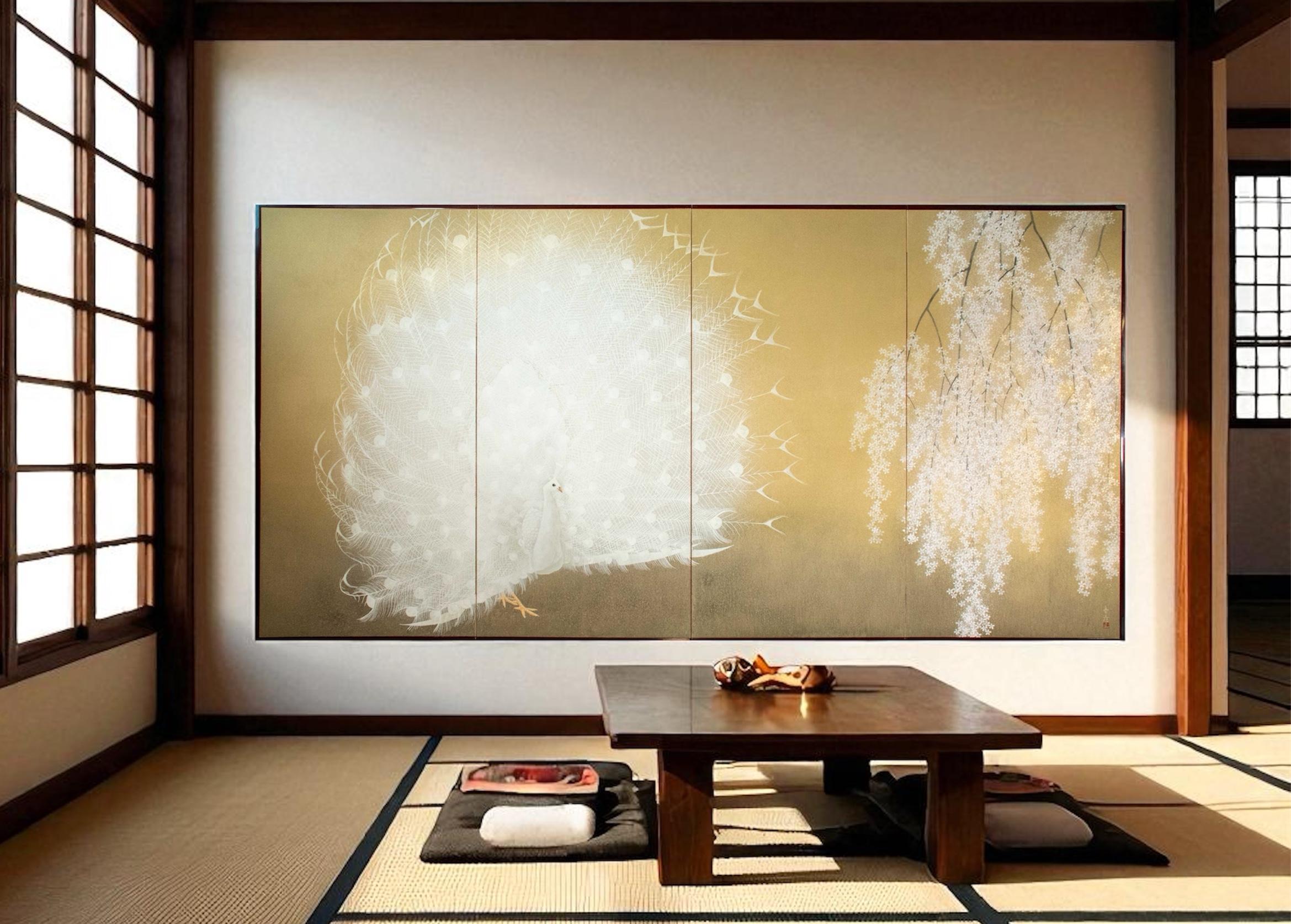 An unusual four-panel folding screen depicting a majestic white peacock and a flowering cherry tree, painted on paper with gold powder ground. The scene shows the peacock, rendered with great precision, displaying its fully spread tail, while on the
