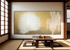 A four-panel folding screen depicting a white peacock, signed Yukihiko Kurihara