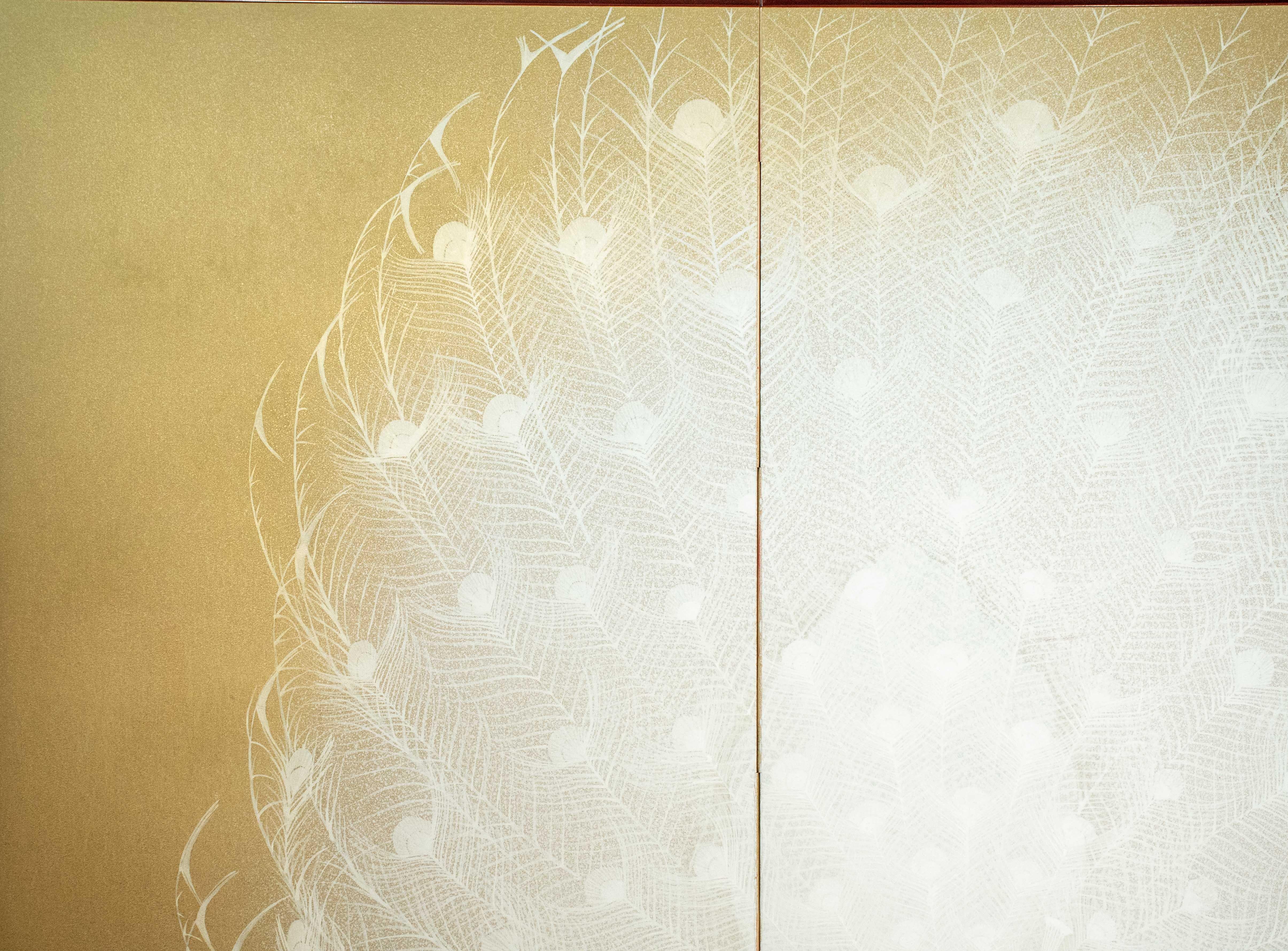 Japanese A four-panel folding screen depicting a white peacock, signed Yukihiko Kurihara For Sale
