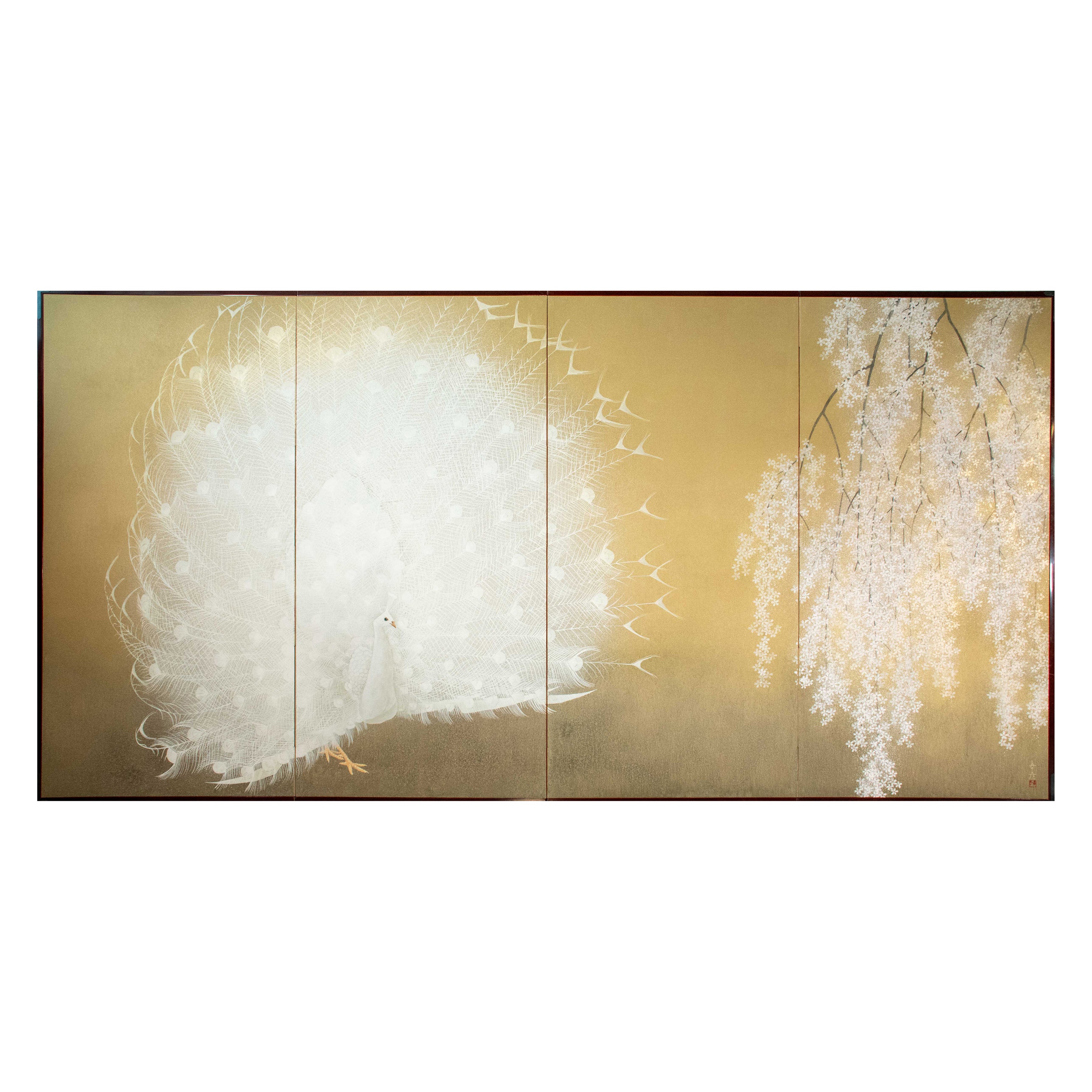 A four-panel folding screen depicting a white peacock, signed Yukihiko Kurihara For Sale