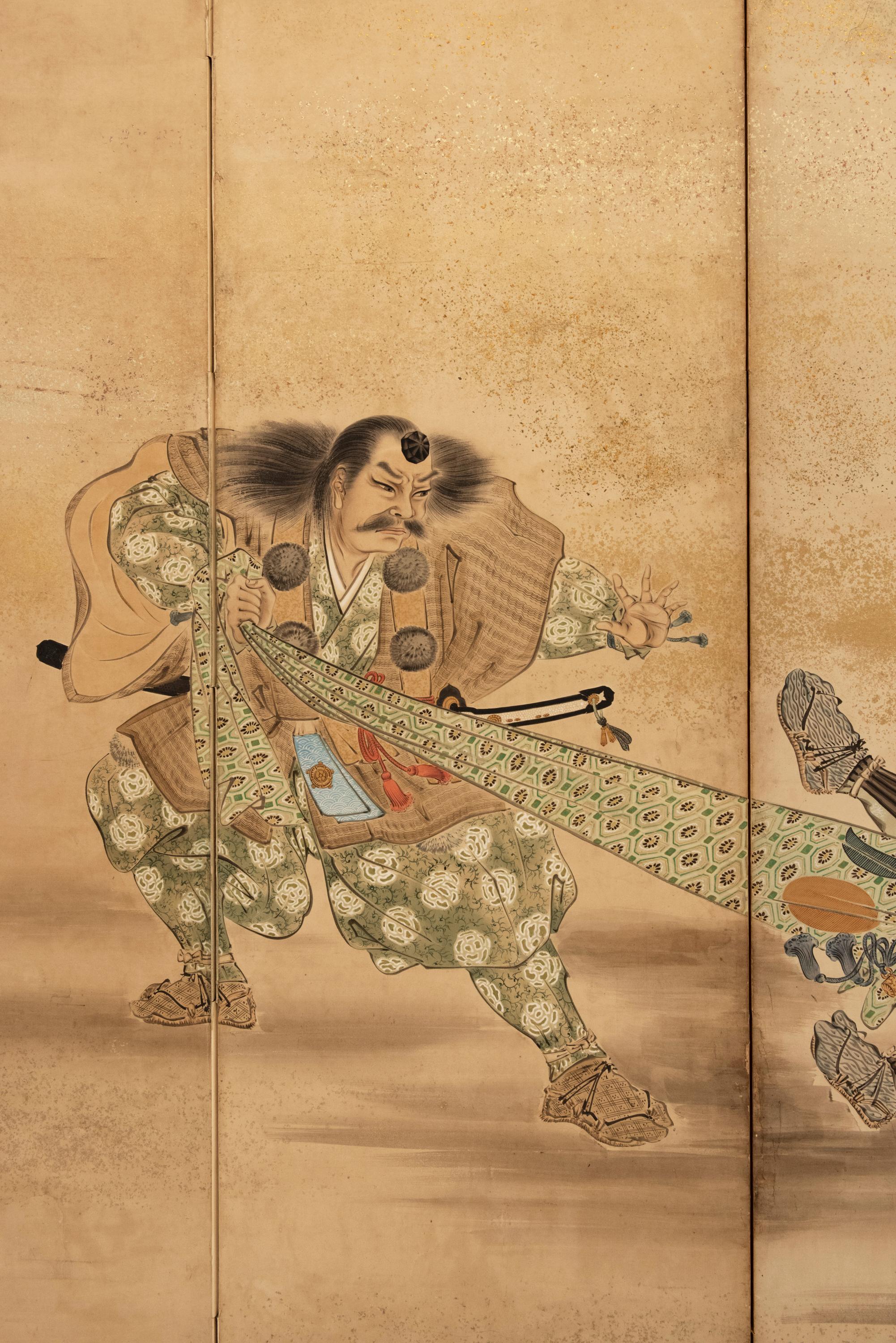 Hand-Painted A four-panel folding screen depicting a Yamabushi and two Samurai For Sale